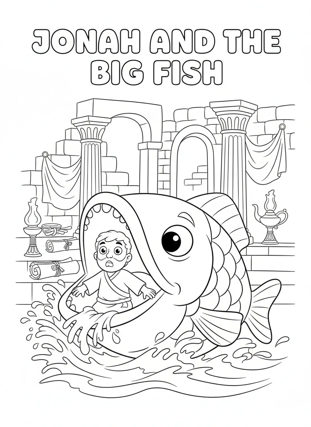 Jonas avalé par un grand poisson, page à colorier Jonas et le poisson pour les enfants de l'École du dimanche âgés de 5 à 12 ans.