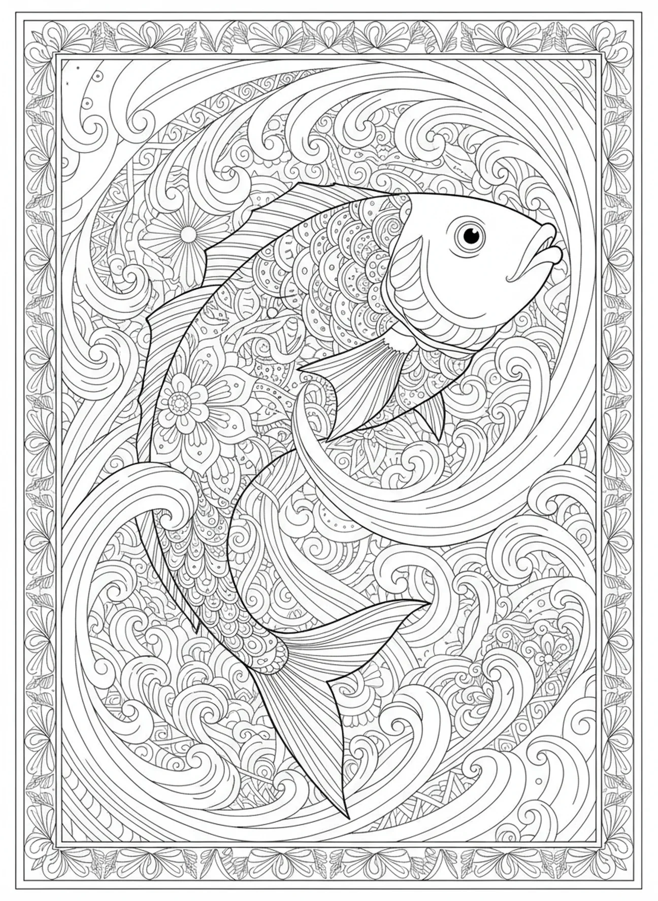 Gran pez girando alrededor de Jonás, Jonás y la ballena, página para colorear de Jonás bajo la planta en estilo de journaling bíblico para adultos.