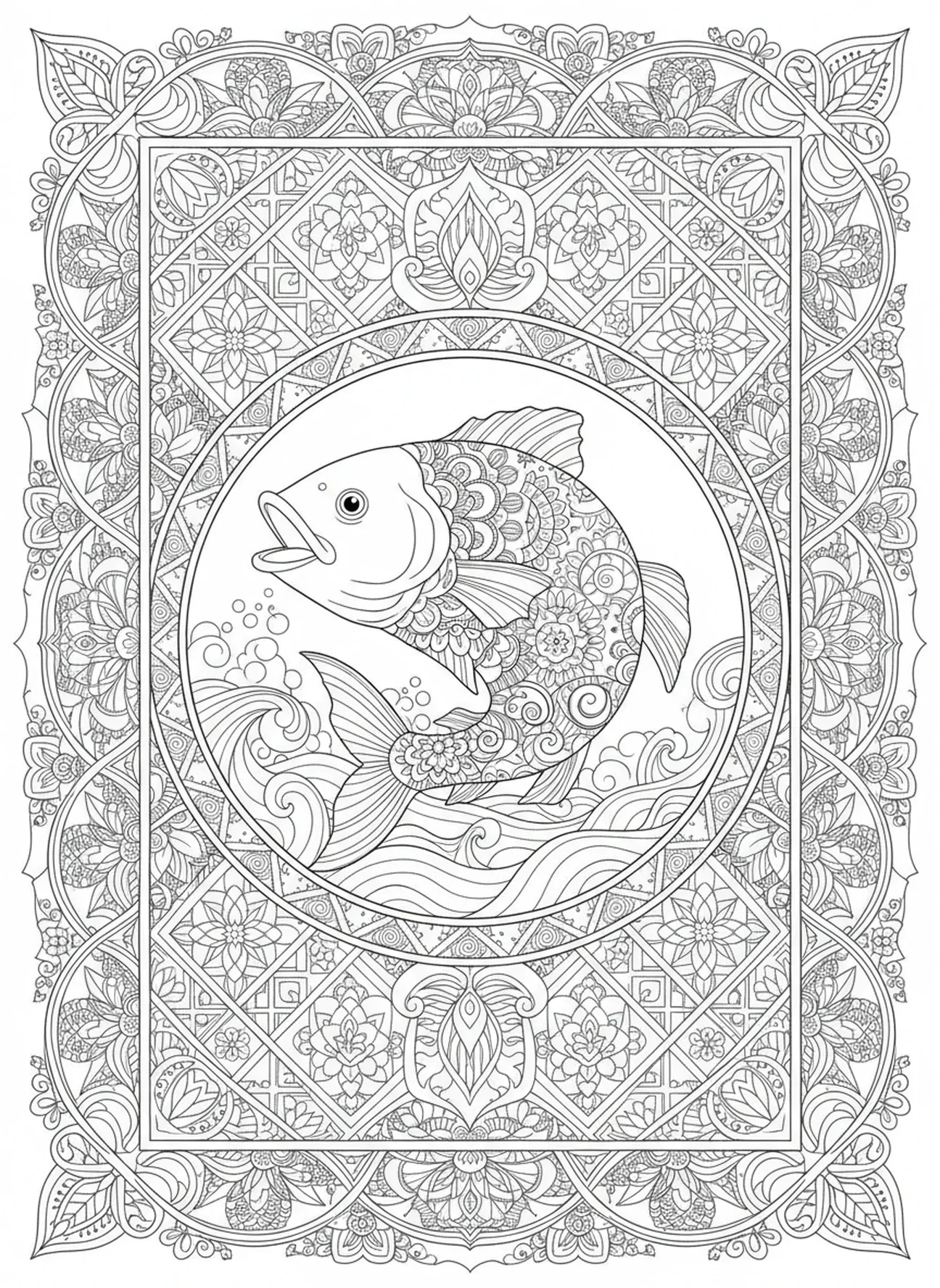 Borde floral ornamentado enmarcando a Jonás y el pez, página para colorear de Jonás y la ballena, Jonás bajo la planta, estilo de journaling bíblico para adultos.