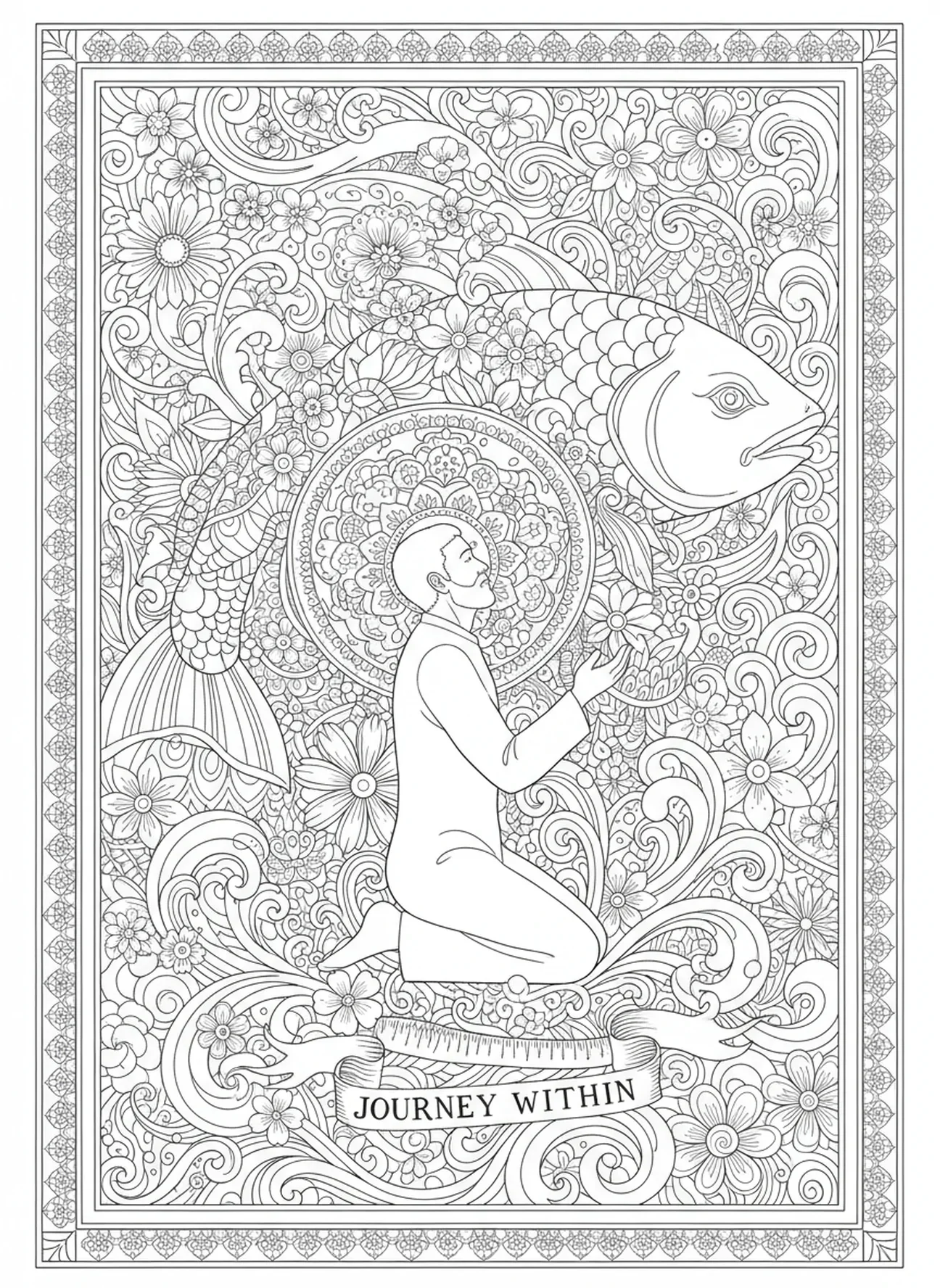 Silueta de Jonás enmarcada por diseños ornamentales, página para colorear Jonás y la ballena, estilo de journaling bíblico para adultos.