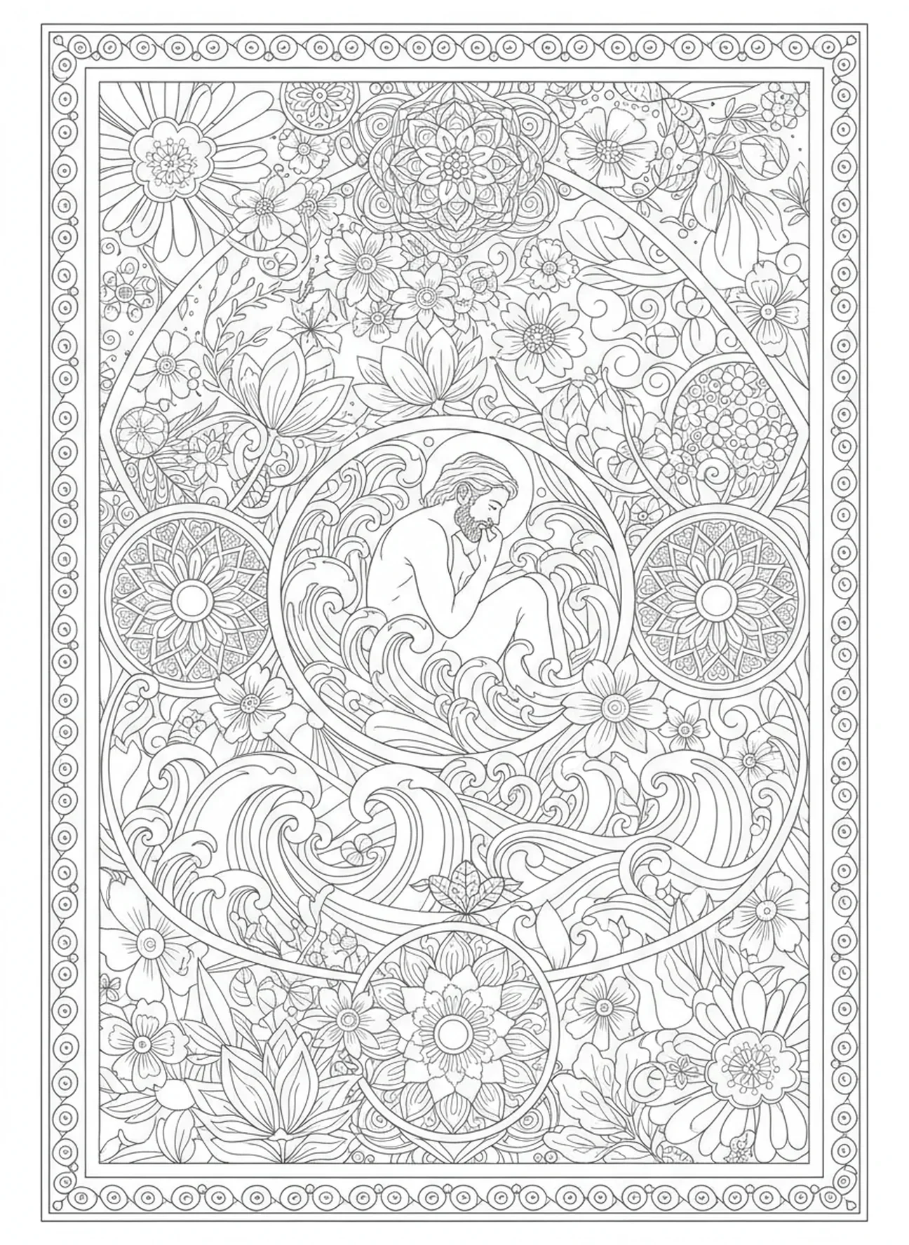 Patrones intrincados de olas del océano y flora que envuelven a Jonás, página para colorear de Jonás y la ballena, estilo de journaling bíblico para adultos.