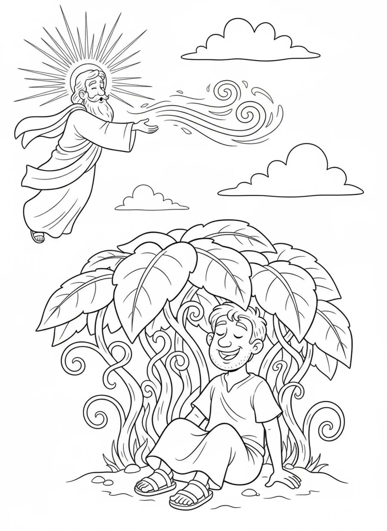 Dieu envoie un vent à Jonas, page à colorier Jonas et la baleine, Jonas sous la plante pour les enfants de 5 à 10 ans.