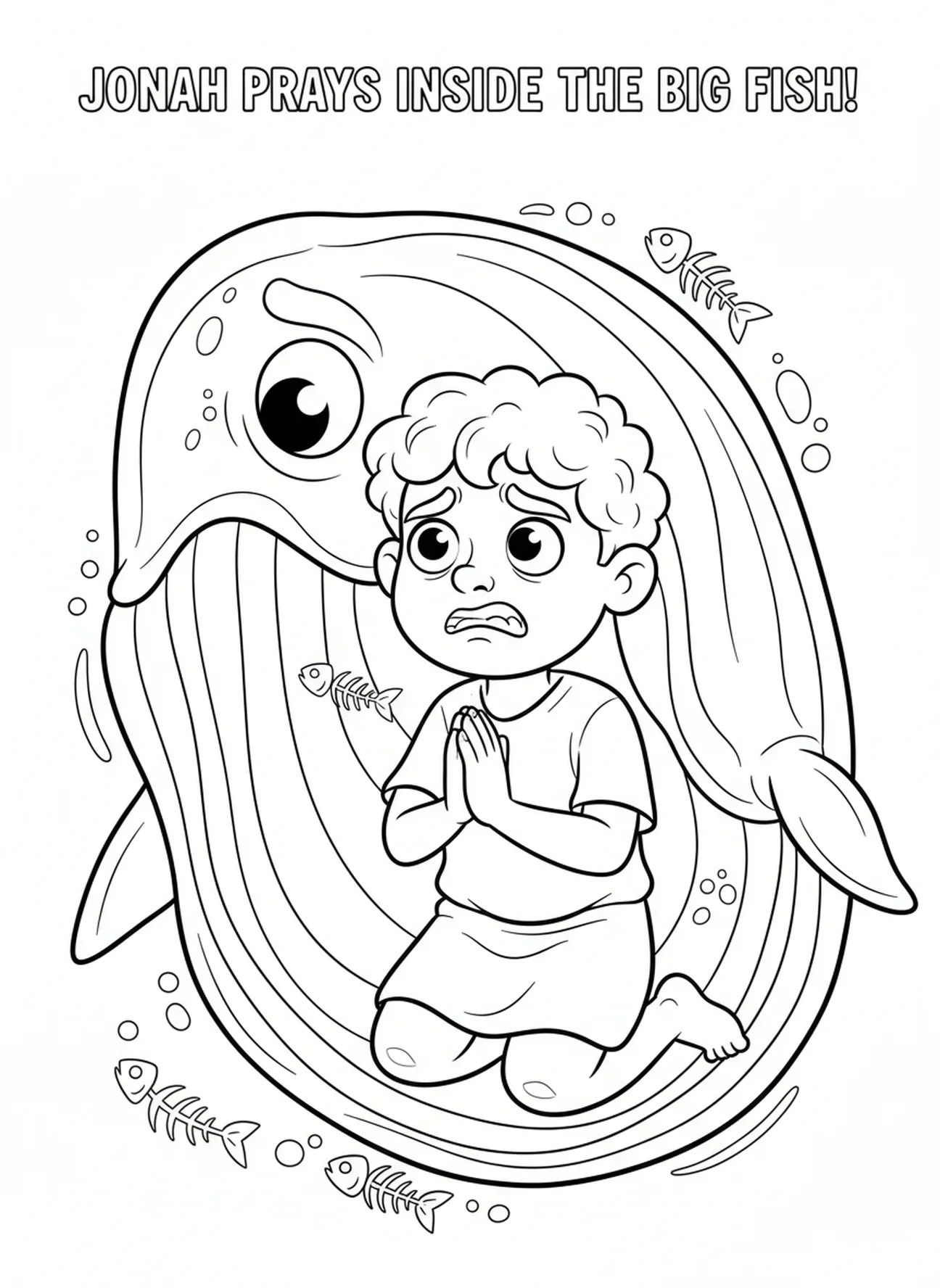 Jonas en prière, Jonas et la baleine, Jonas sous la plante, page à colorier pour les enfants de 5 à 10 ans.