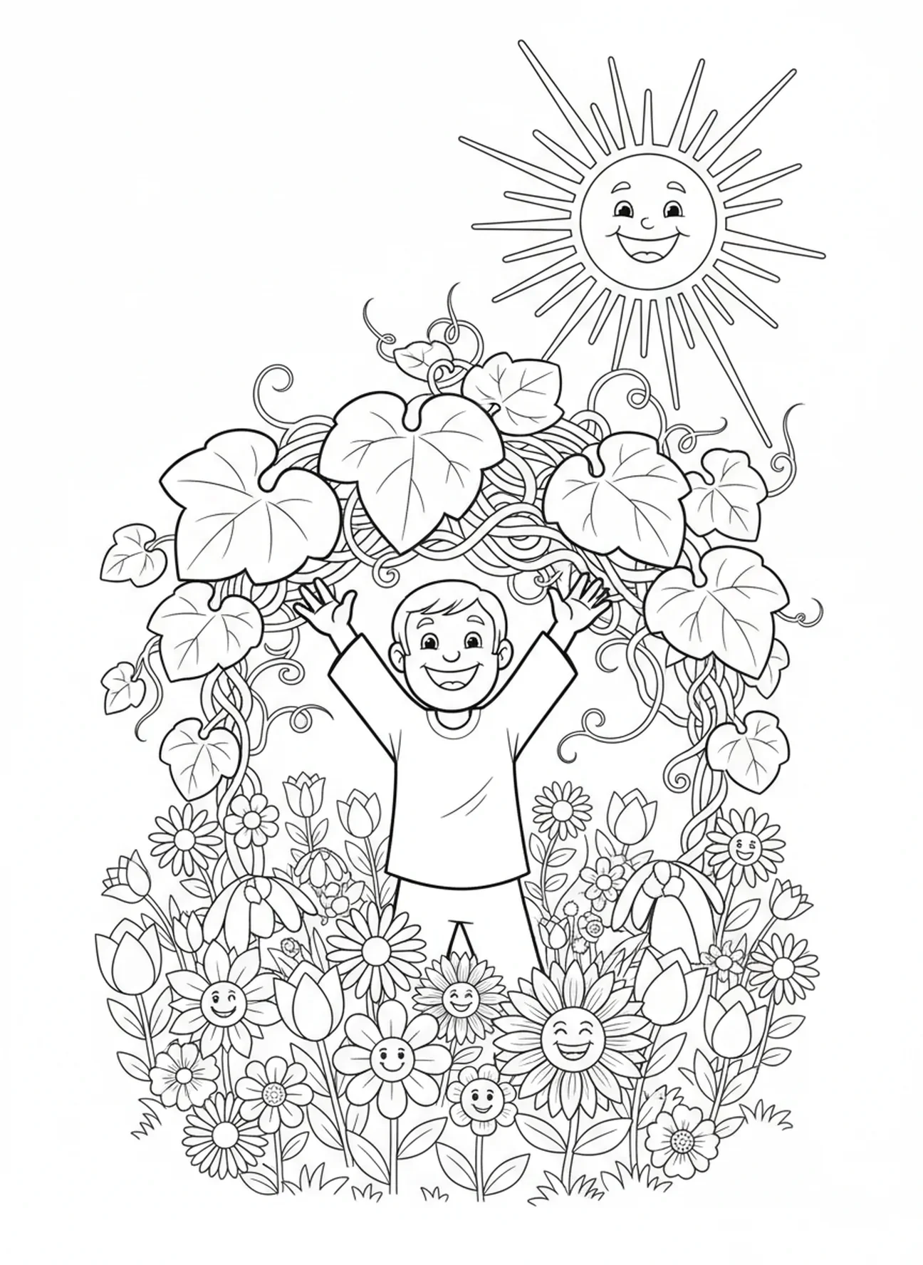 Jonas joyeux sous la plante, page à colorier Jonas et la baleine pour les enfants de 5 à 10 ans.