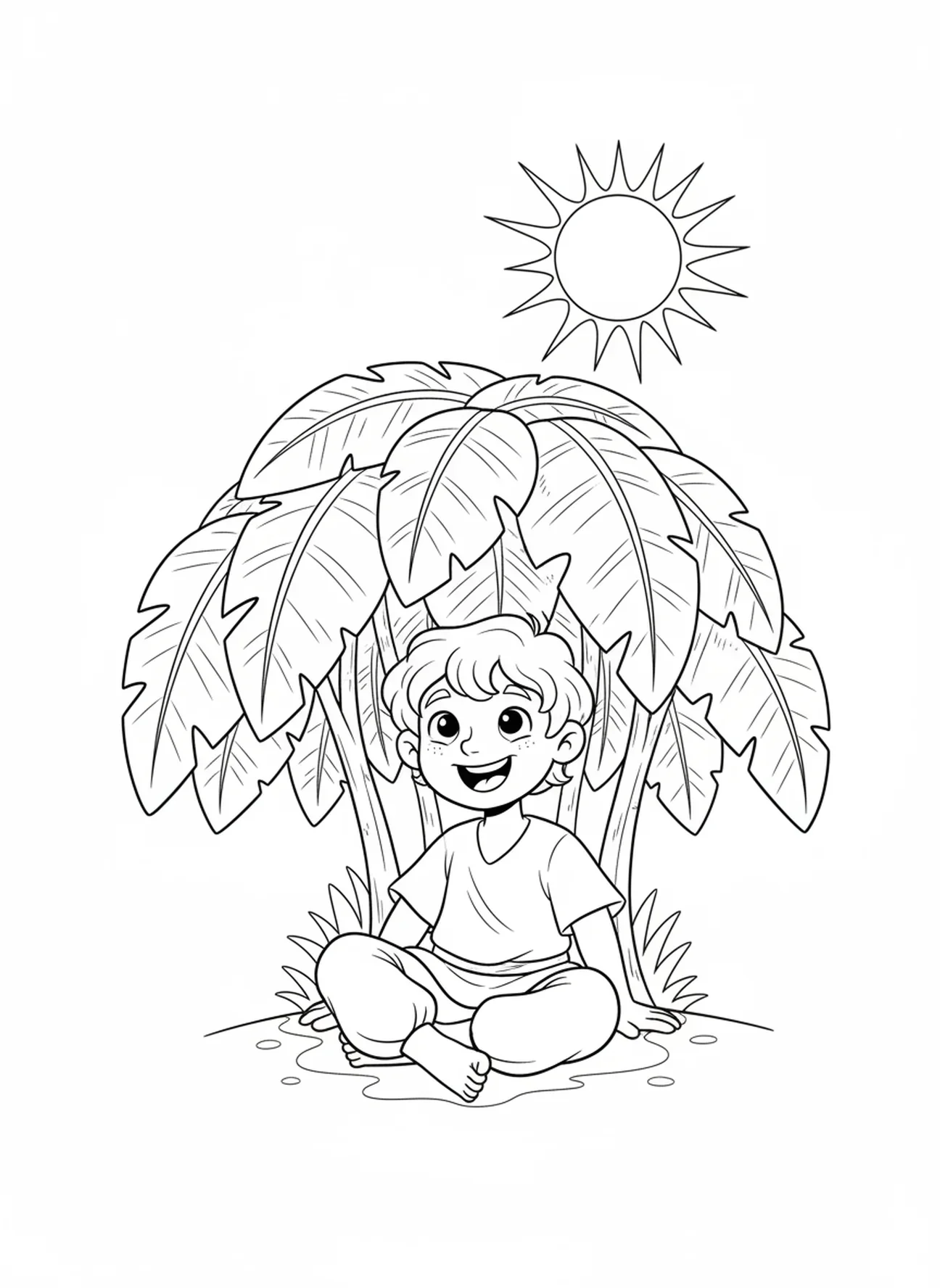 Jonas heureux sous la plante, page à colorier Jonas et la baleine pour les enfants de 5 à 10 ans.