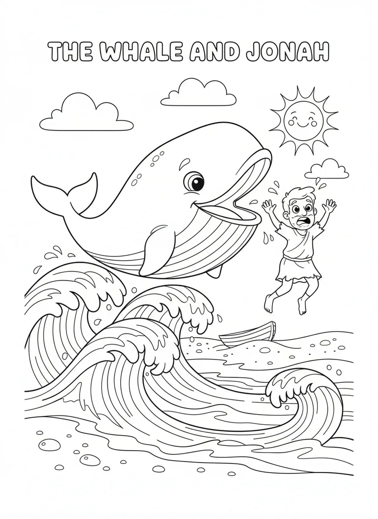 Baleine crachant Jonas, page à colorier Jonas et la Baleine Jonas sous une plante pour les enfants de 5 à 10 ans.