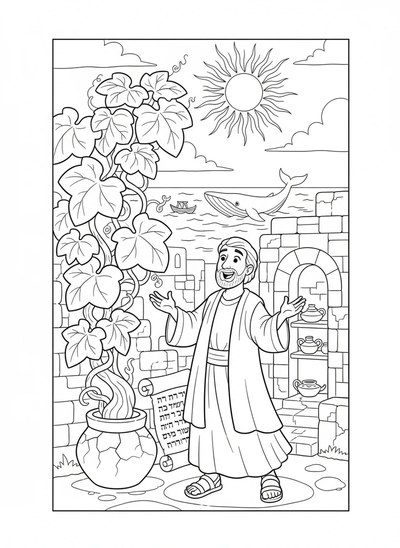 Grande plante feuillue poussant à côté de Jonas, page à colorier Jonas et la baleine sous la plante pour les enfants de l'École du dimanche âgés de 5 à 12 ans.