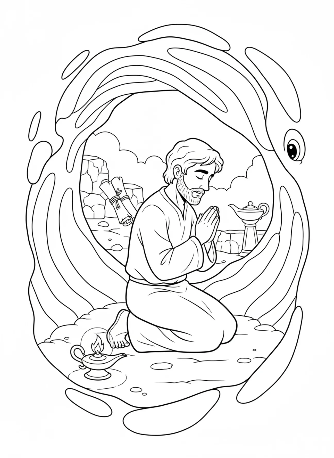 Jonas priant à l'intérieur de la baleine, page à colorier Jonas et la Baleine Jonas sous la Plante pour les enfants de l'École du dimanche âgés de 5 à 12 ans.