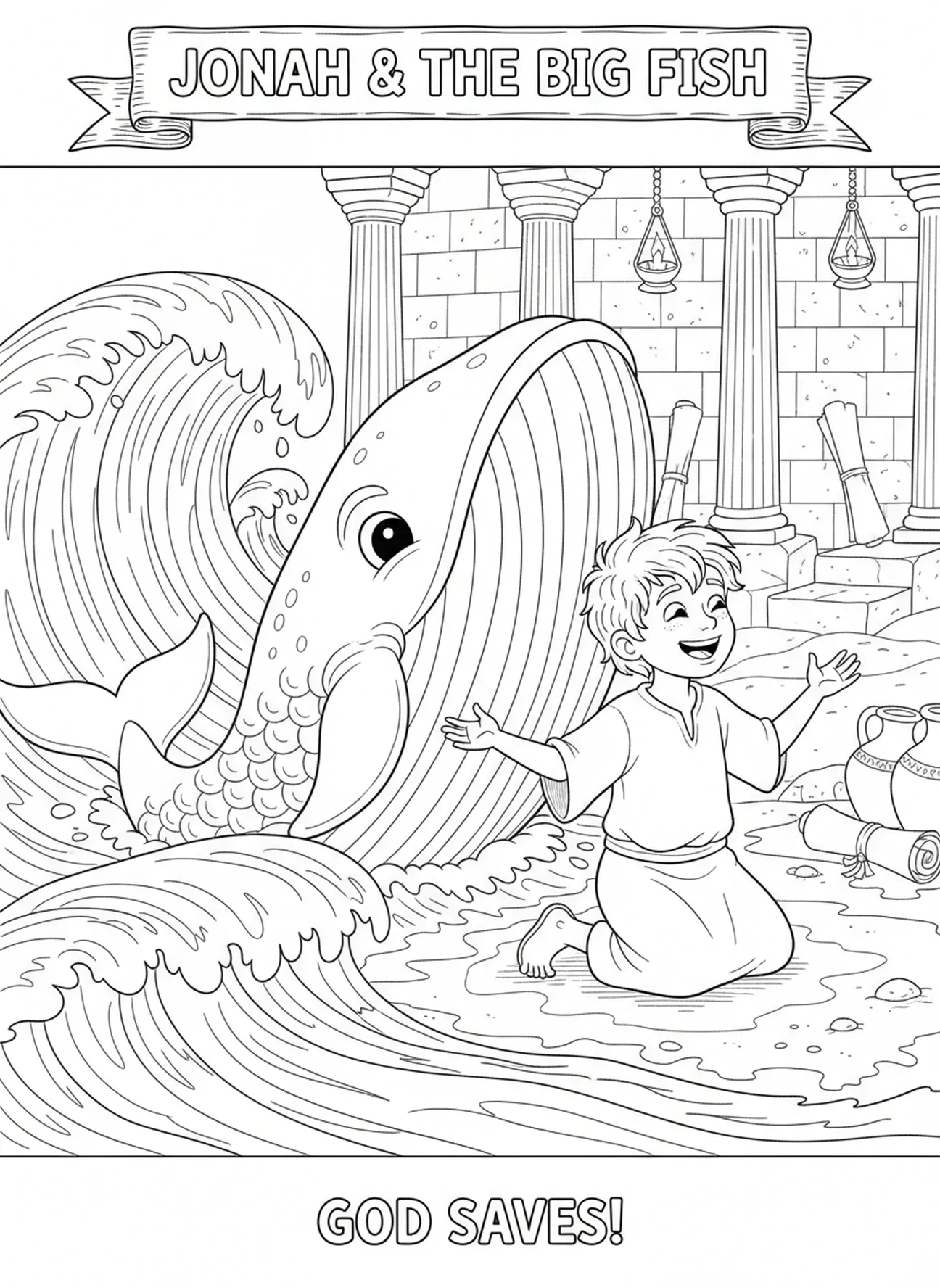 Jonas émergeant de la baleine sur la plage, page à colorier Jonas et la Baleine Jonas sous la plante pour les enfants de catéchisme âgés de 5 à 12 ans.