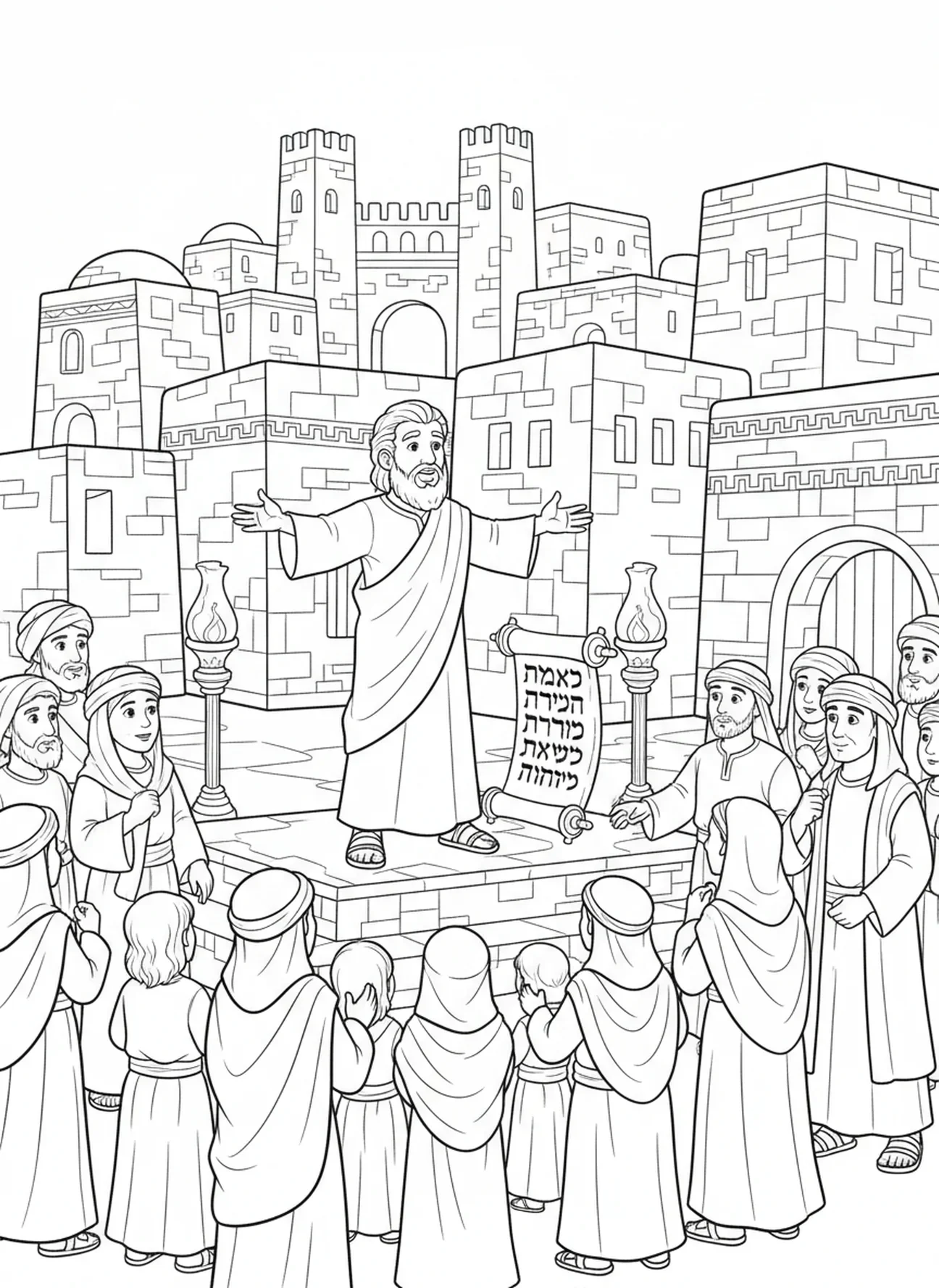 Jonas prêchant à la foule à Ninive, Jonas et la baleine, page à colorier pour l'École du dimanche pour les enfants de 5 à 12 ans.
