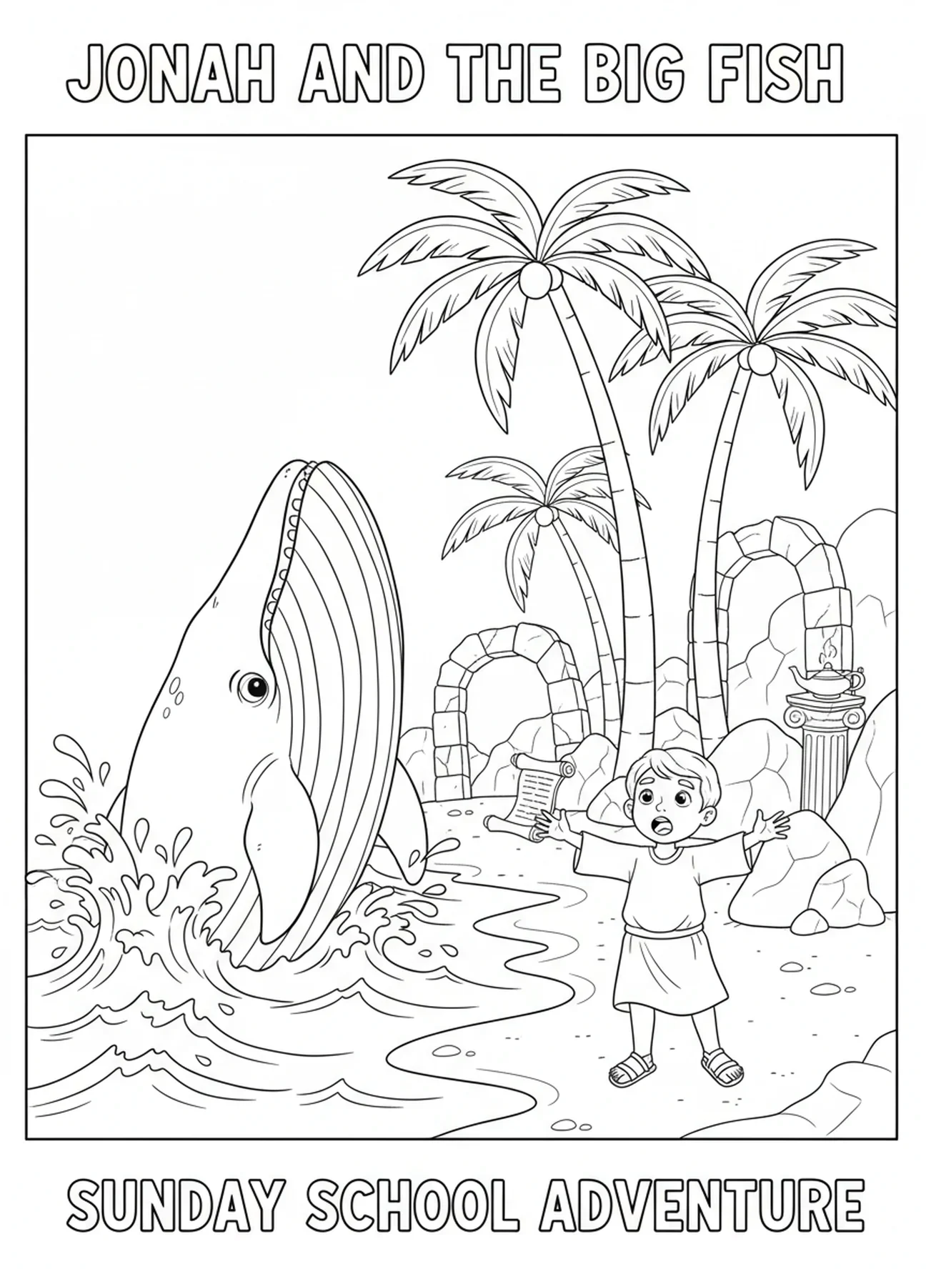 Grande baleine émergeant des vagues, Jonas et la baleine, page à colorier pour les enfants de l'École du dimanche âgés de 5 à 12 ans.
