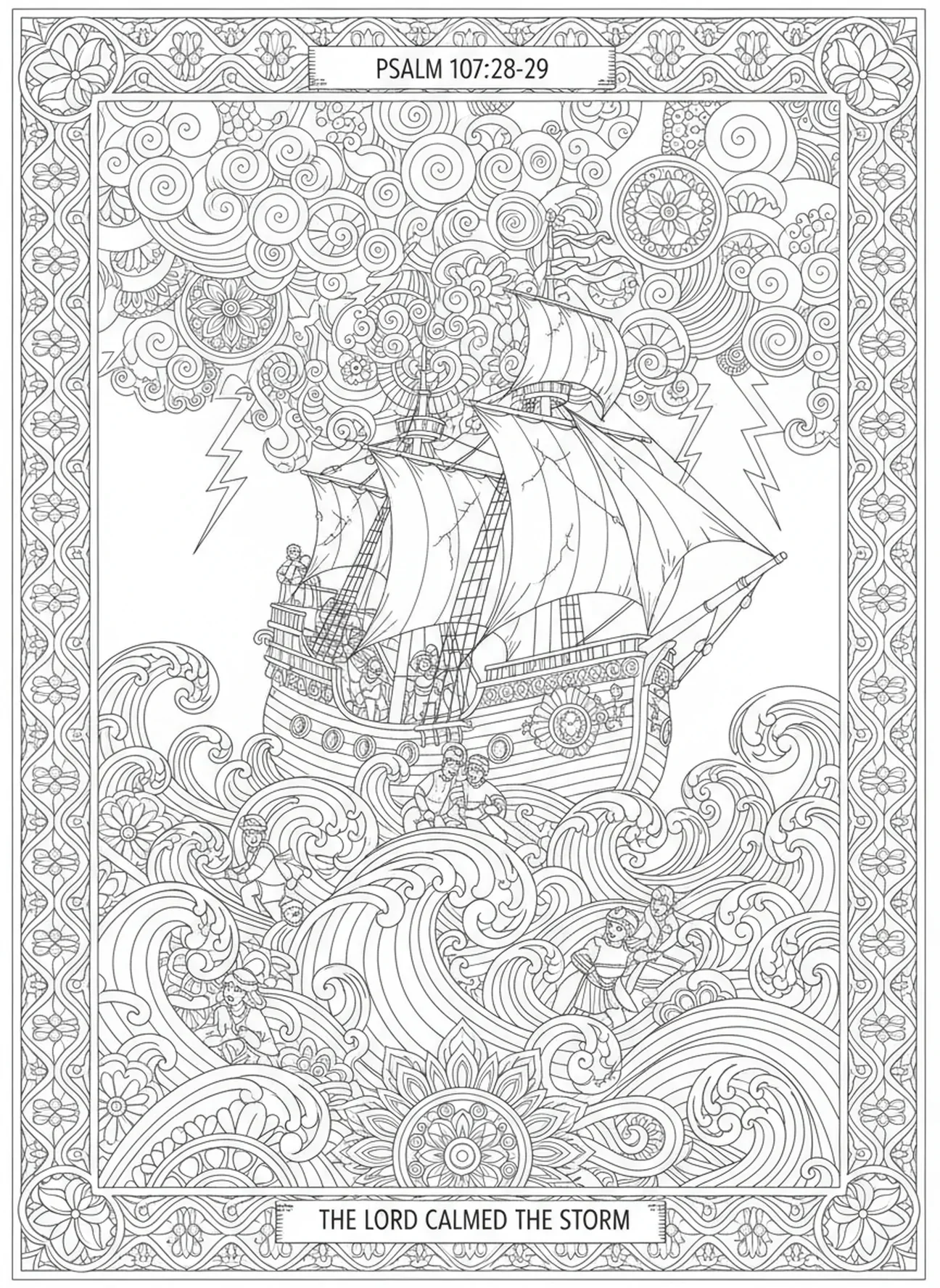 Tripulación en pánico en el barco, página para colorear de Jonás y la ballena en estilo de journaling bíblico para adultos.