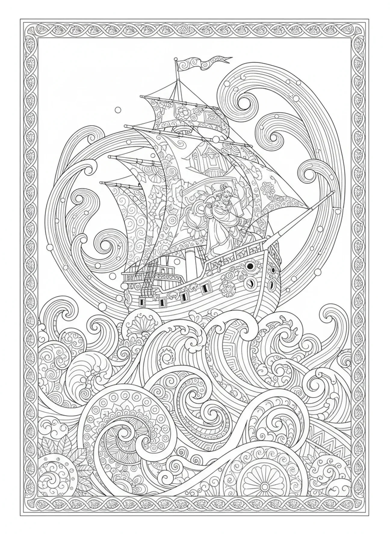 Barco en mar tempestuoso, página para colorear de Jonás y la ballena, estilo de journaling bíblico para adultos.