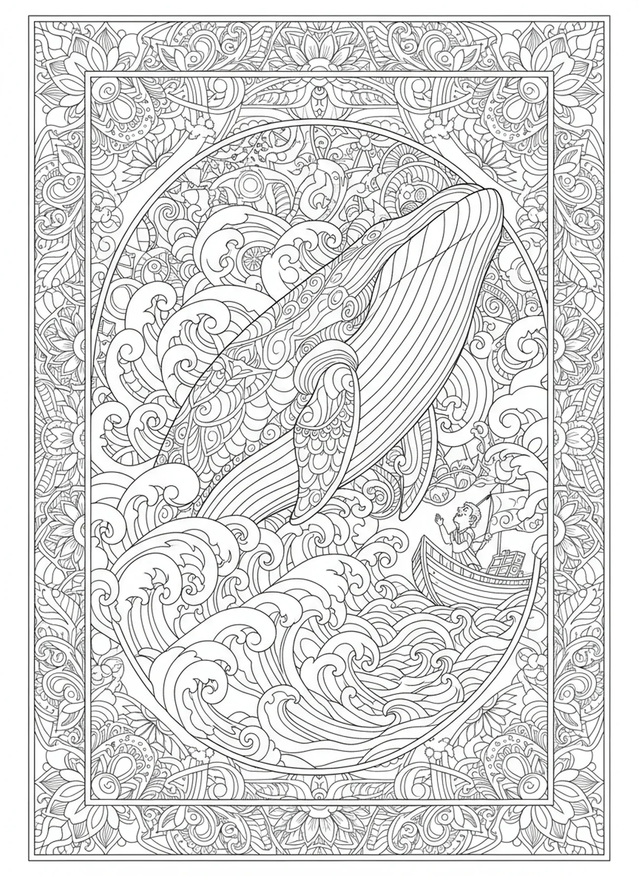 Ballena emergiendo del océano, página para colorear de Jonás y la ballena en la tormenta en el barco, estilo de journaling bíblico para adultos.