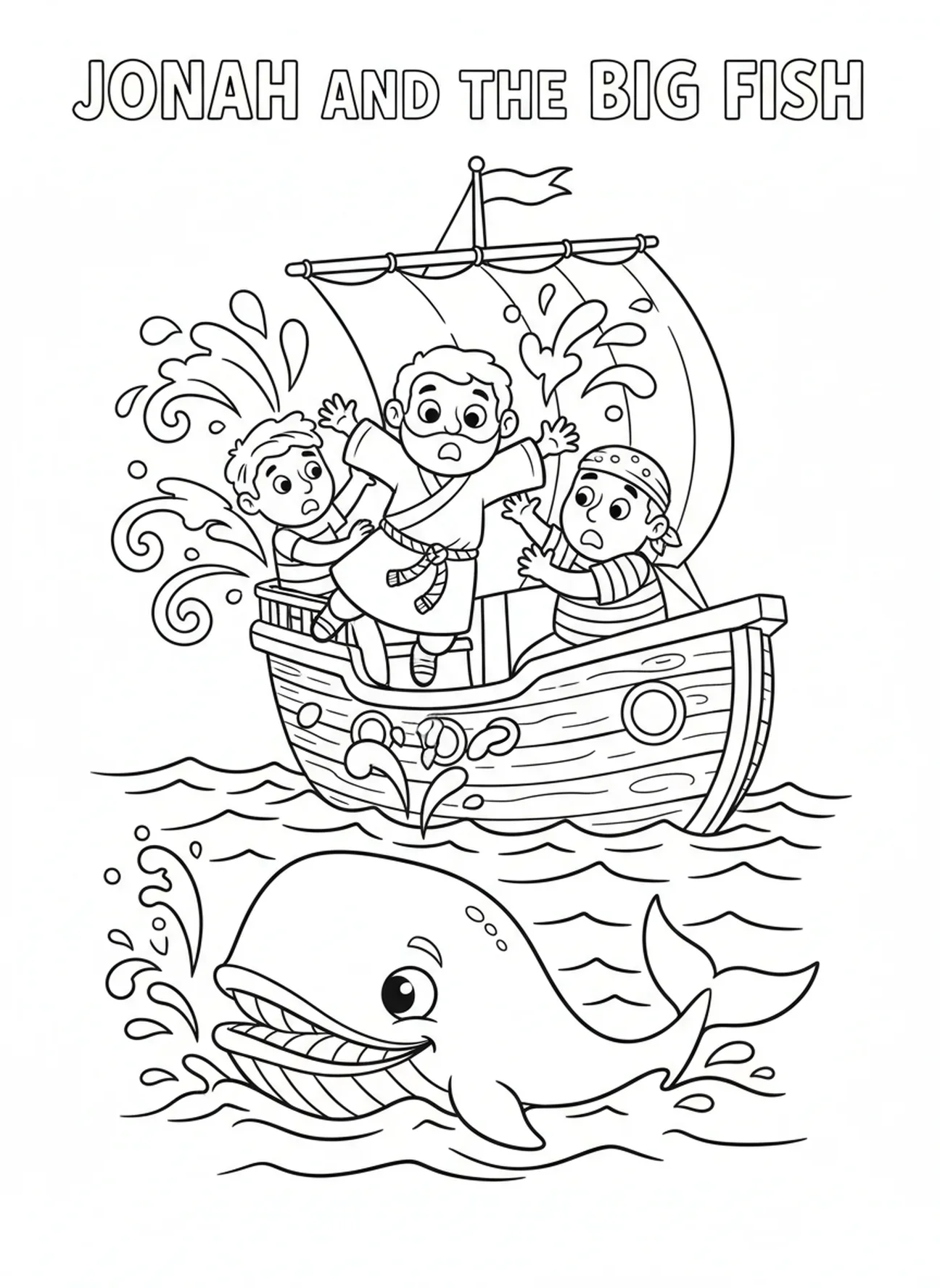 Jonas jeté par-dessus bord, page à colorier Jonas et la baleine tempête sur le bateau pour les enfants de 5 à 10 ans