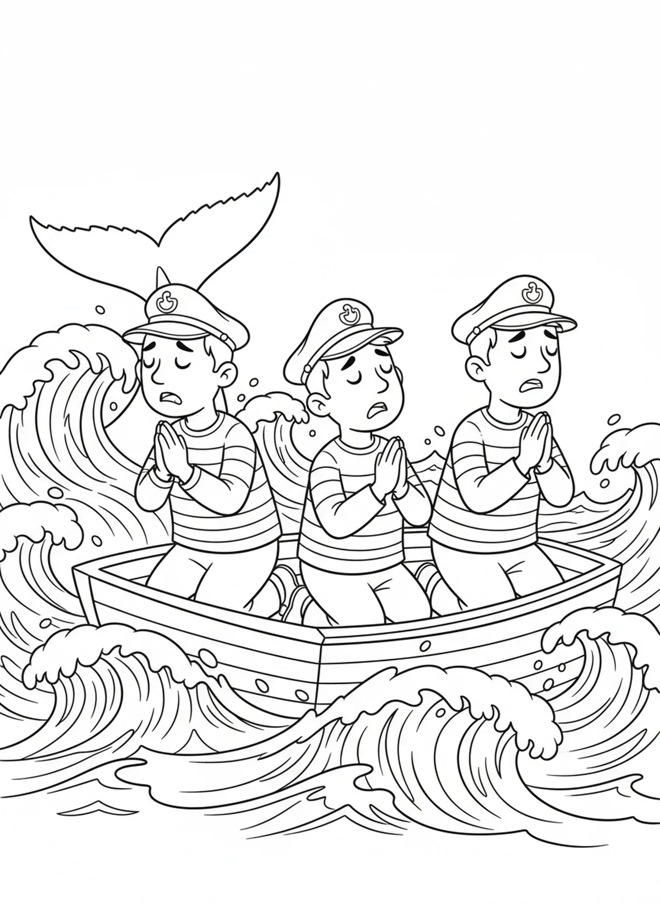 Marins sur le bateau priant, page à colorier Jonas et la baleine tempête sur le bateau pour enfants de 5 à 10 ans