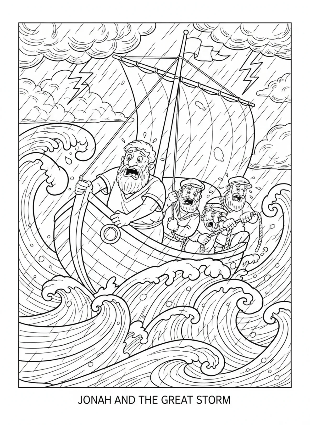 Bateau tanguant sur de grandes vagues, page à colorier Jonas et la baleine Tempête sur le bateau pour enfants de 5 à 10 ans