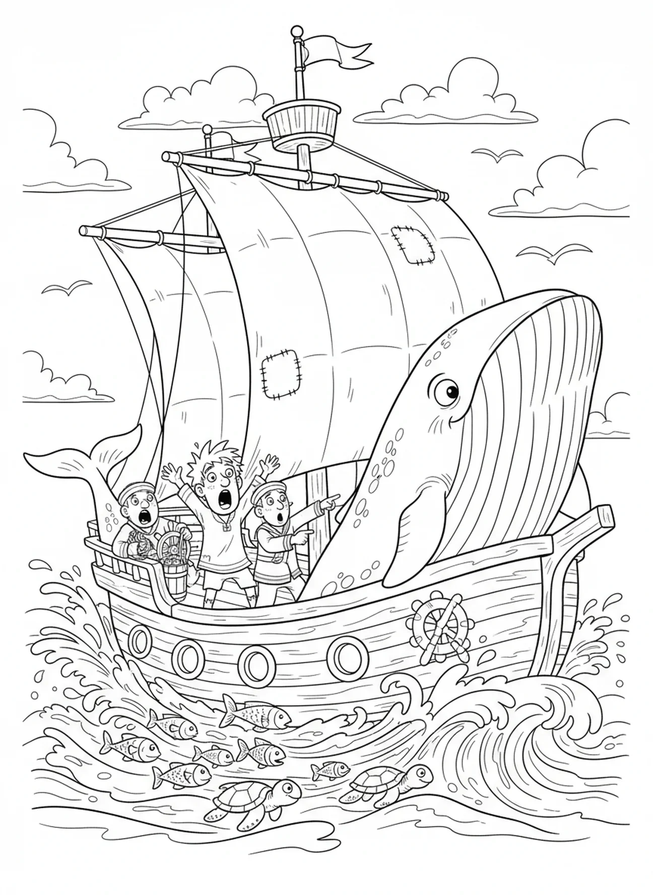 Géante baleine émergeant de l'eau, page à colorier Jonas et la baleine tempête sur le bateau pour les enfants de 5 à 10 ans
