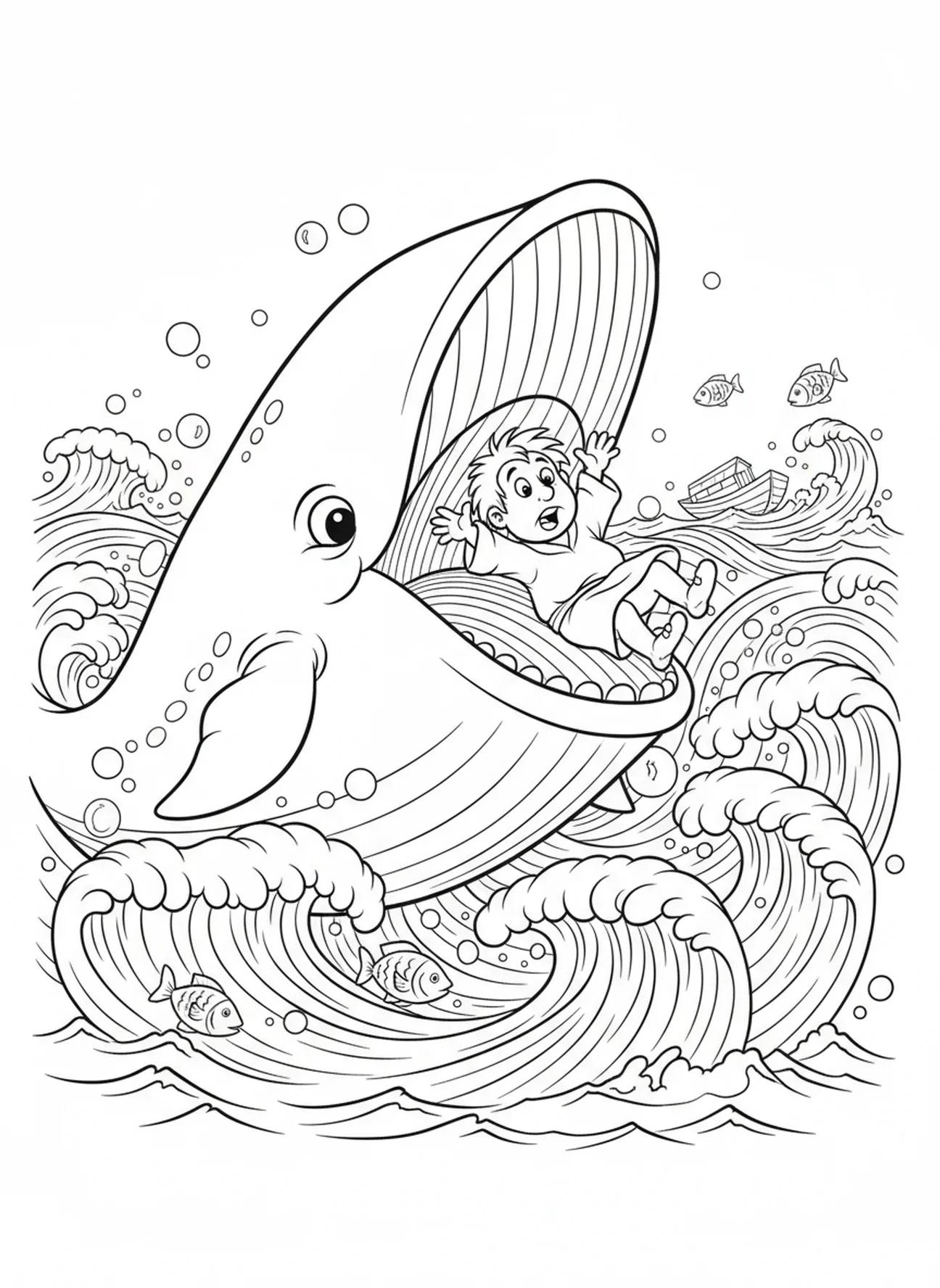 Baleine ouvrant grand sa bouche, page à colorier Jonas et la Baleine Tempête sur le Bateau pour enfants de 5 à 10 ans
