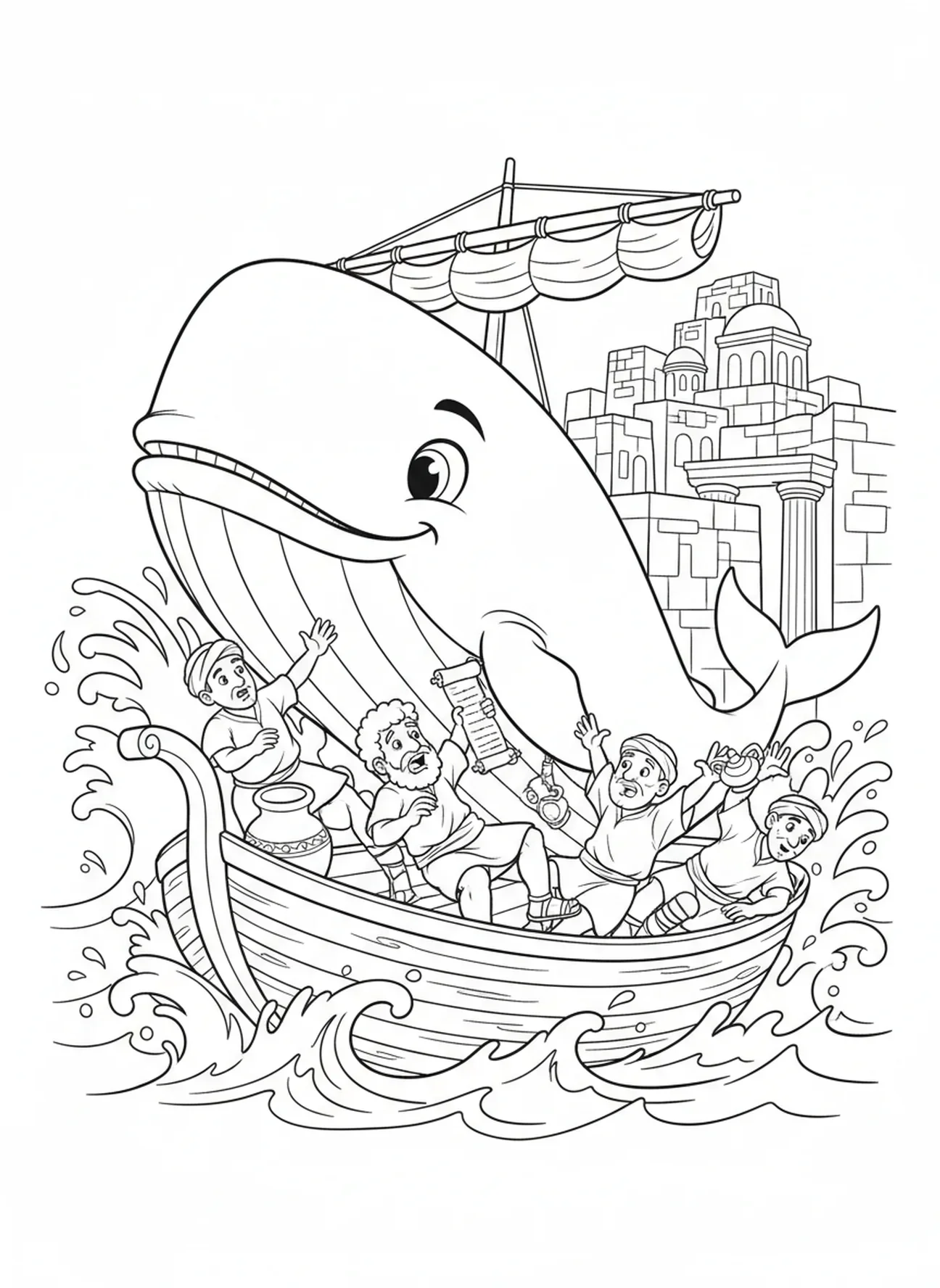 Une grande baleine émergeant de l'eau, page à colorier Jonas et la Baleine Tempête sur le Bateau pour les enfants de catéchisme âgés de 5 à 12 ans.