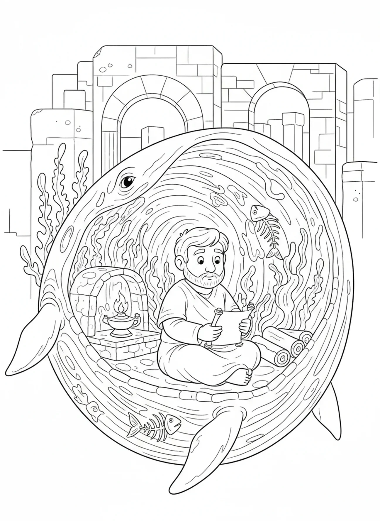 Jonas dans le ventre de la baleine, page à colorier Jonas et la tempête sur le bateau pour les enfants de l'École du dimanche âgés de 5 à 12 ans.