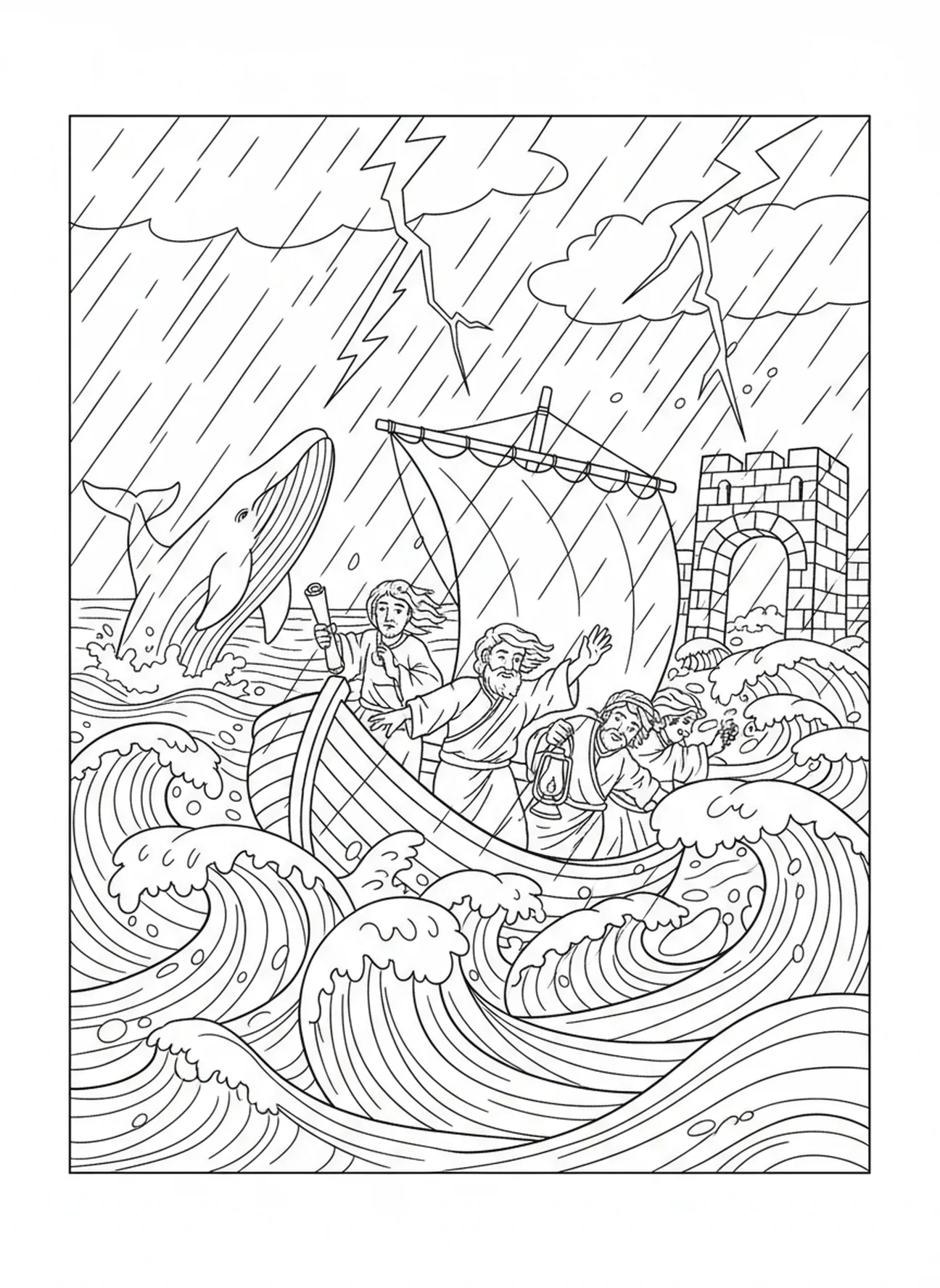 Vagues déchaînées avec une baleine, page à colorier de Jonas et la baleine lors de la tempête sur le bateau pour les enfants de l'École du dimanche âgés de 5 à 12 ans.