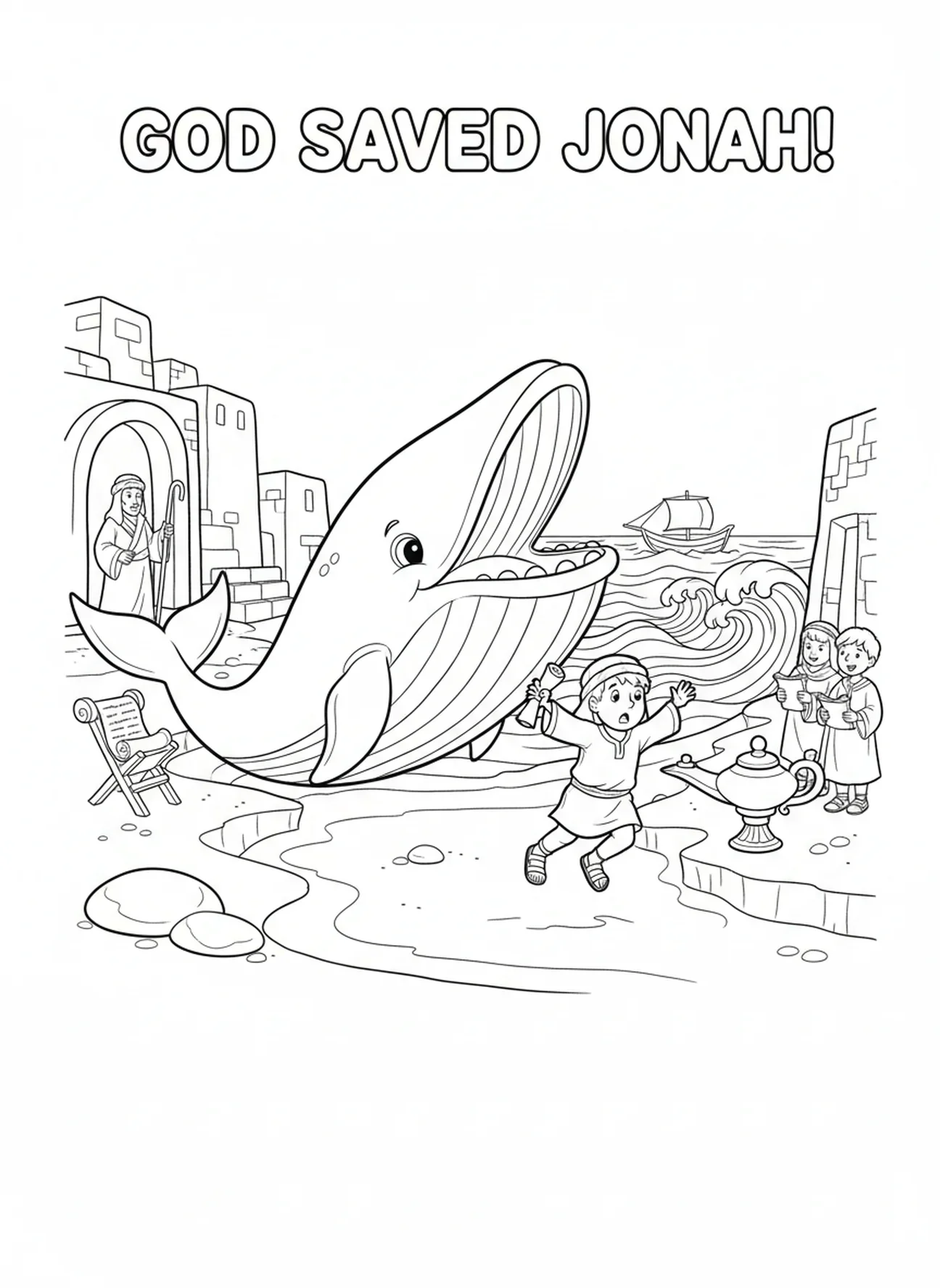 Baleine crachant Jonas sur la plage, page à colorier Jonas et la Baleine Tempête sur le Bateau pour les enfants de l'École du dimanche âgés de 5 à 12 ans.