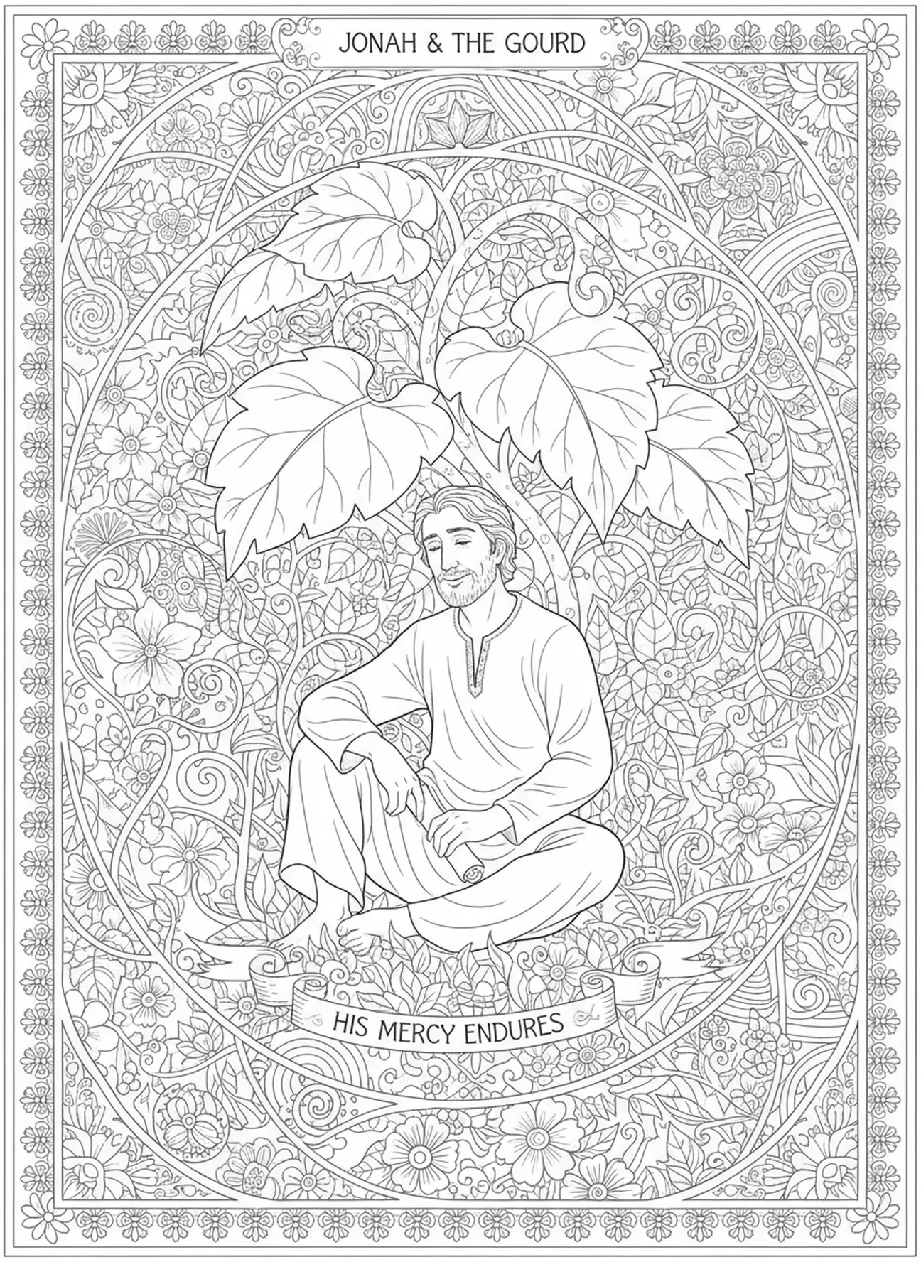 Jonas sob uma planta frondosa, página de colorir Jonas e a Baleia no estilo de journaling bíblico para adultos.