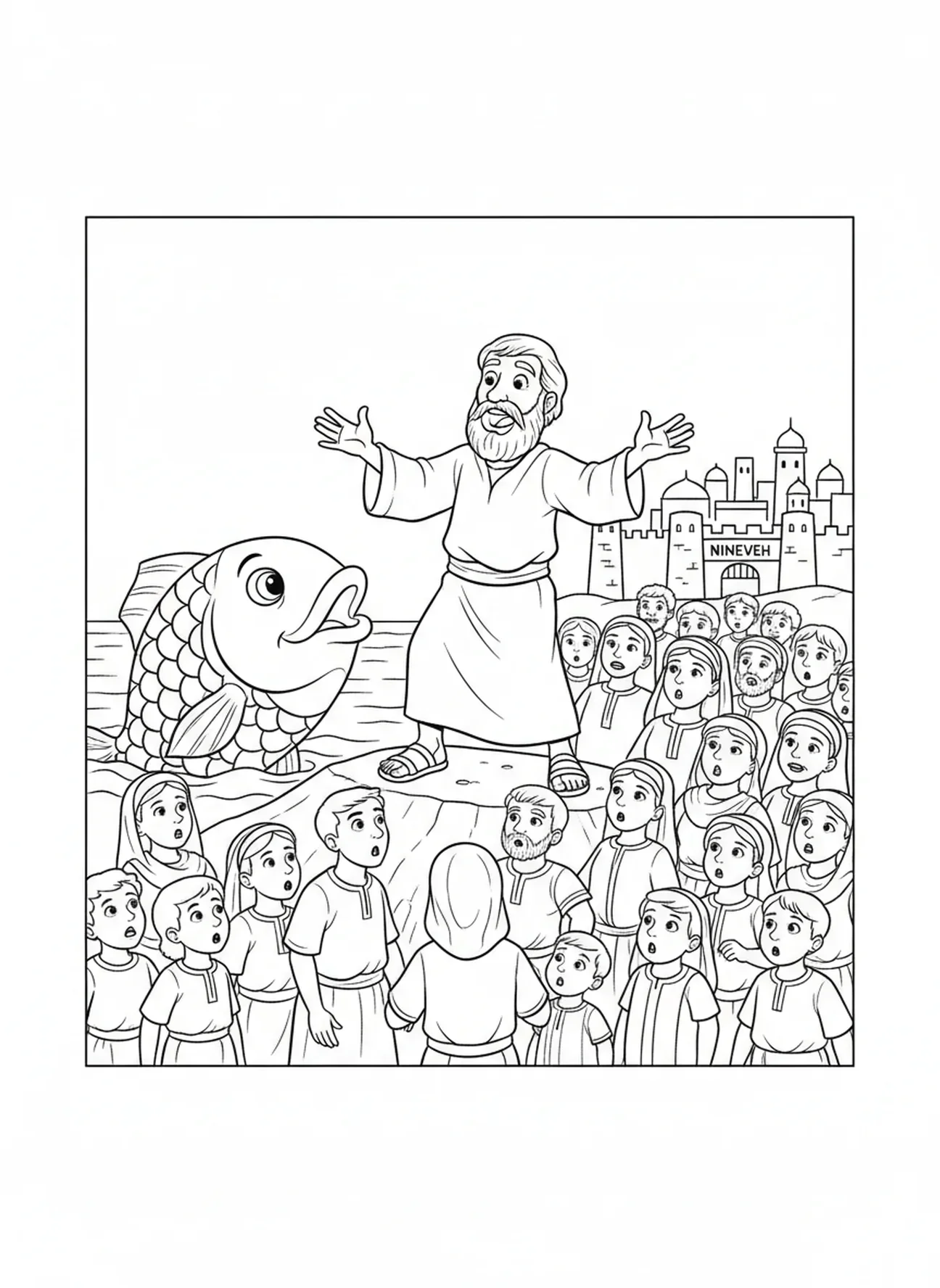 Jonas prêchant à une foule, page à colorier Jonas et la baleine pour les enfants de 5 à 10 ans.