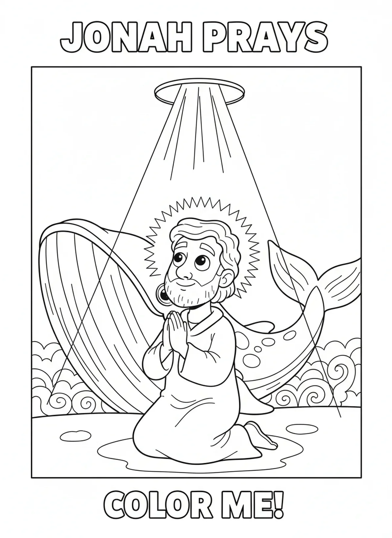 Jonas priant à l'intérieur d'une baleine, page à colorier Jonas et la baleine pour les enfants de 5 à 10 ans.