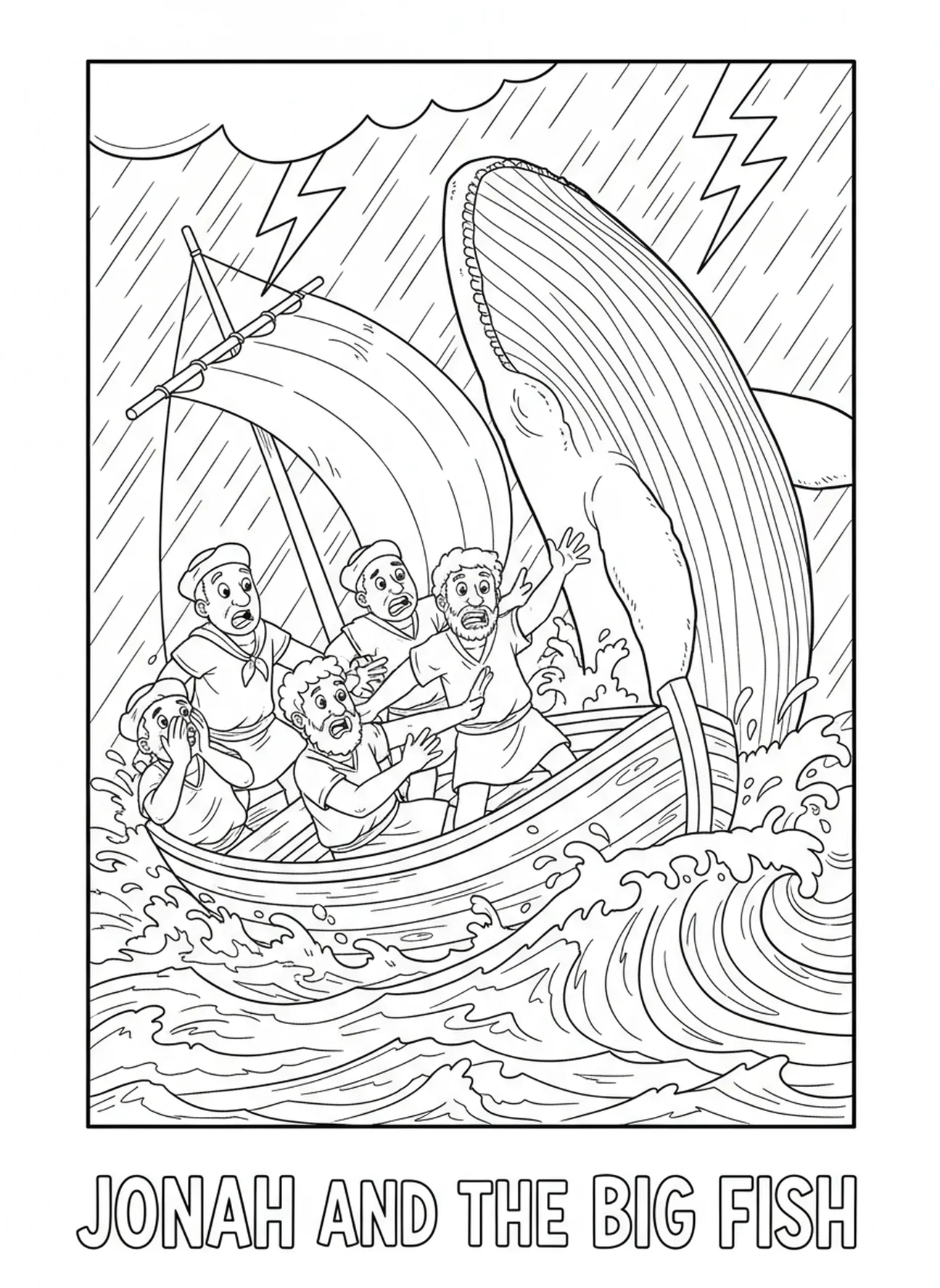 Marins effrayés sur un bateau, page à colorier Jonas et la baleine pour les enfants de 5 à 10 ans.
