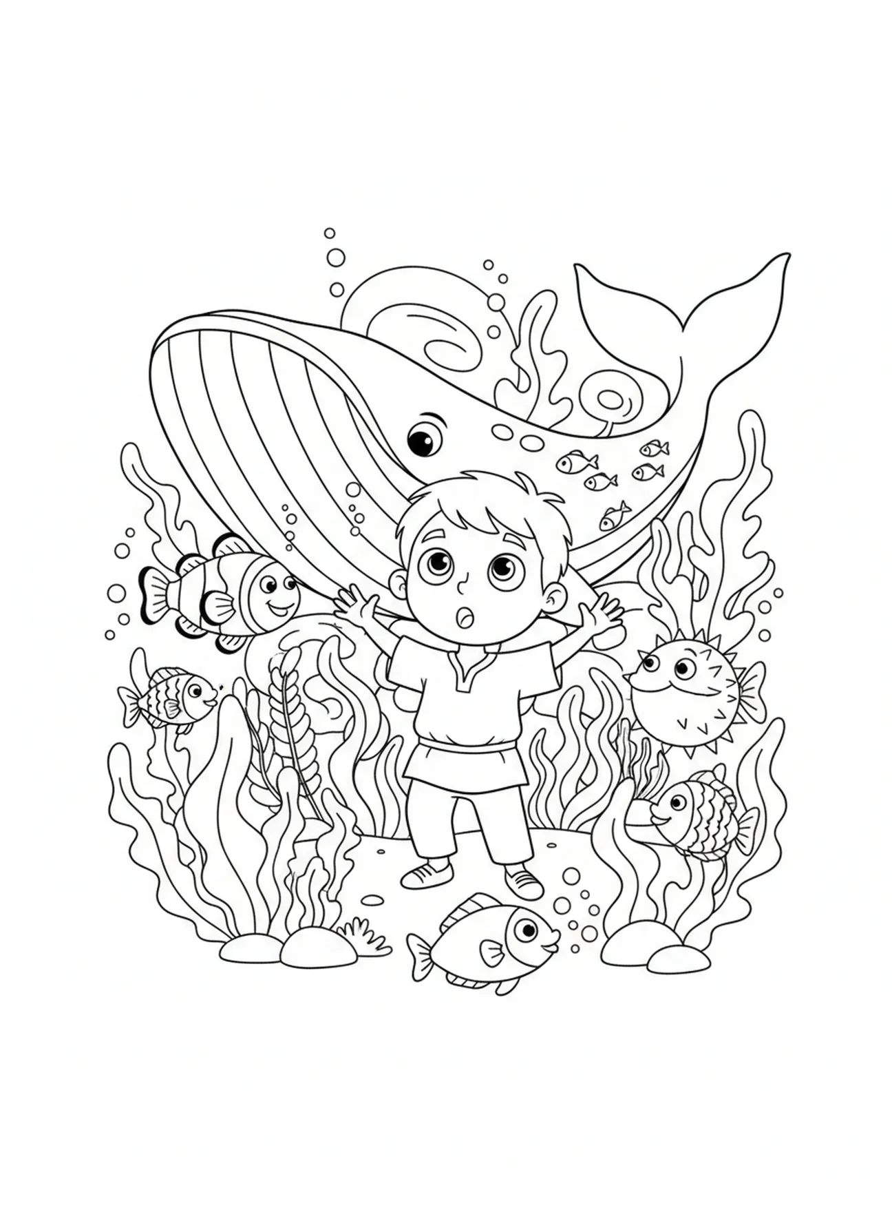 Jonas surpris à l'intérieur d'une baleine, page à colorier Jonas et la baleine pour les enfants de 5 à 10 ans.
