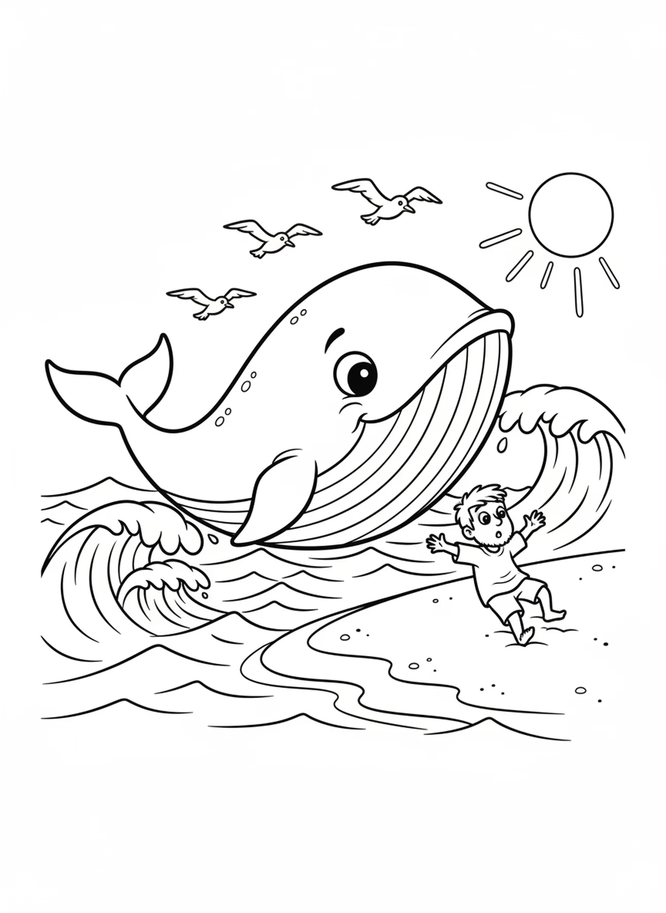 Baleine rejetant Jonas sur le rivage, page à colorier Jonas et la Baleine pour les enfants de 5 à 10 ans.