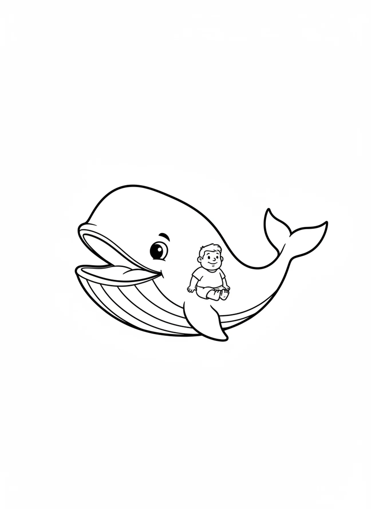 Jonas souriant à l'intérieur de la baleine, page à colorier Jonas et la baleine pour les enfants d'âge préscolaire de 3 à 5 ans