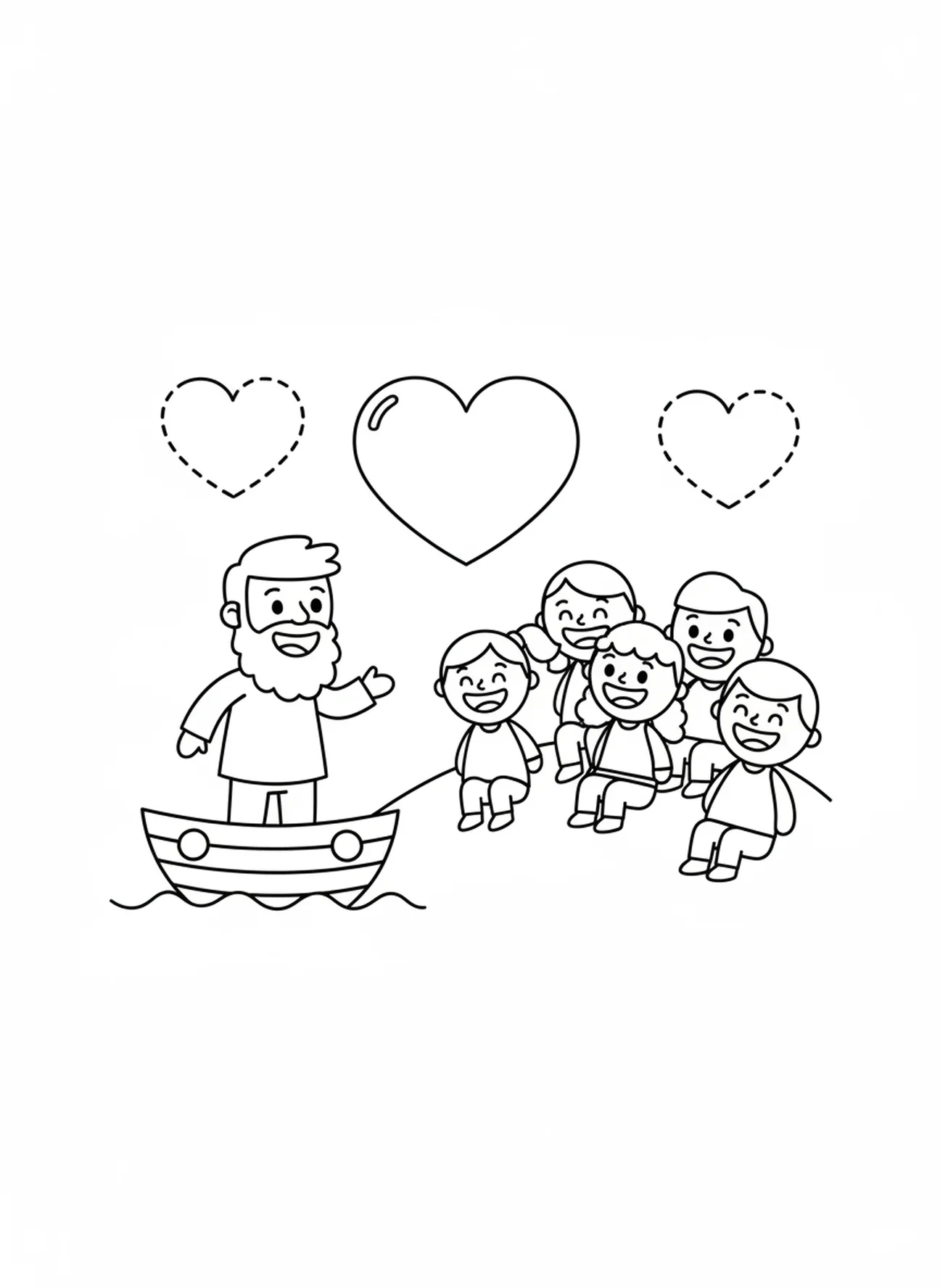 Groupe joyeux de personnes, page à colorier Jonas et la baleine pour les enfants d'âge préscolaire de 3 à 5 ans