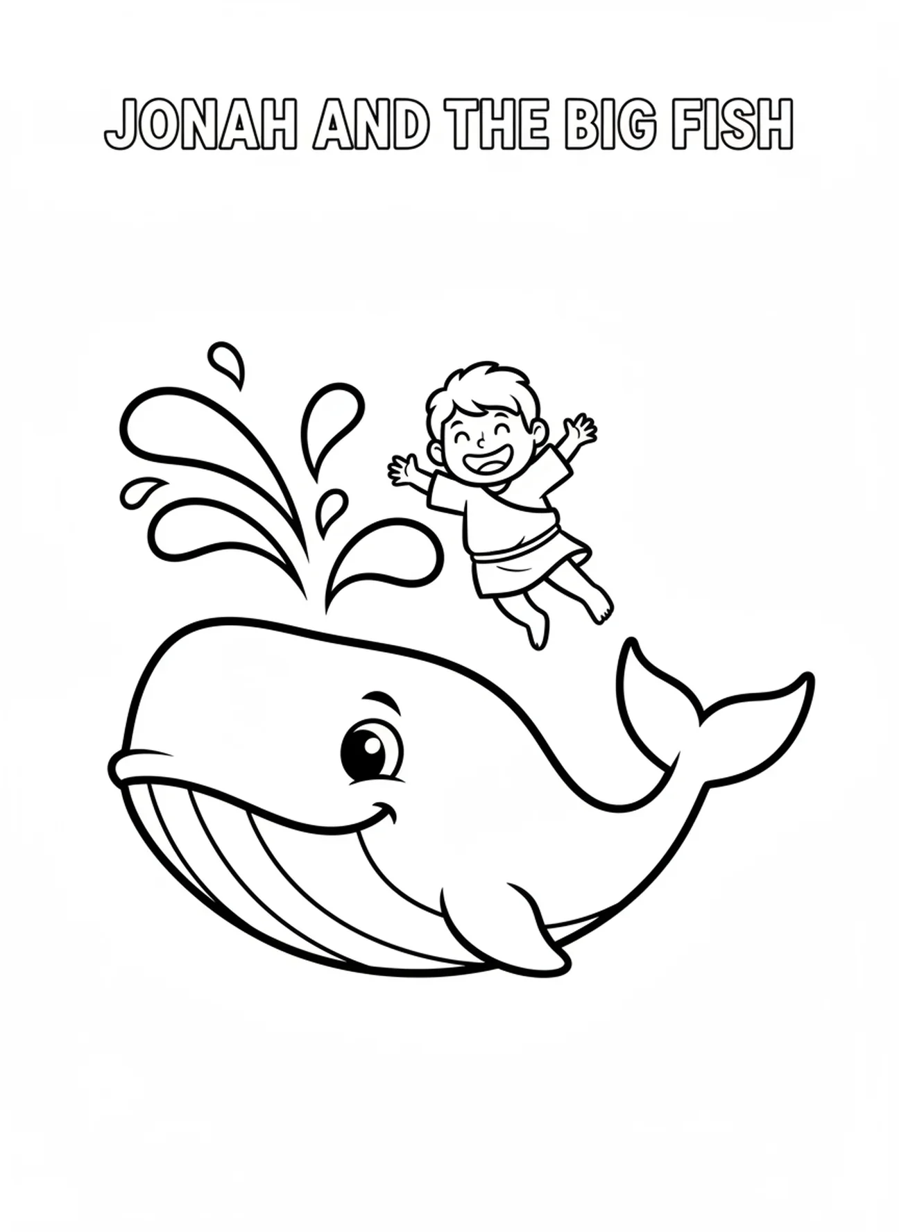 Baleine espiègle crachant Jonas, page à colorier Jonas et la Baleine pour les enfants d'âge préscolaire de 3 à 5 ans