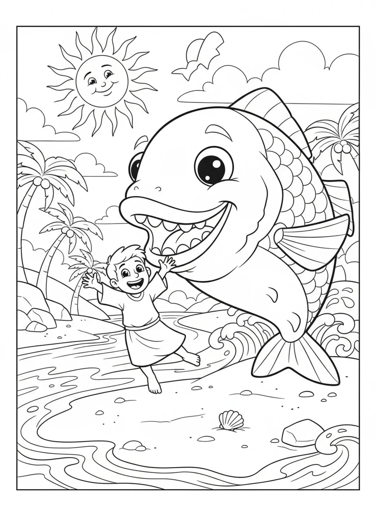 Der Fisch spuckt Jona an den Strand, Jona Fisch Ausmalbild für Kinder im Alter von 5-10 Jahren.