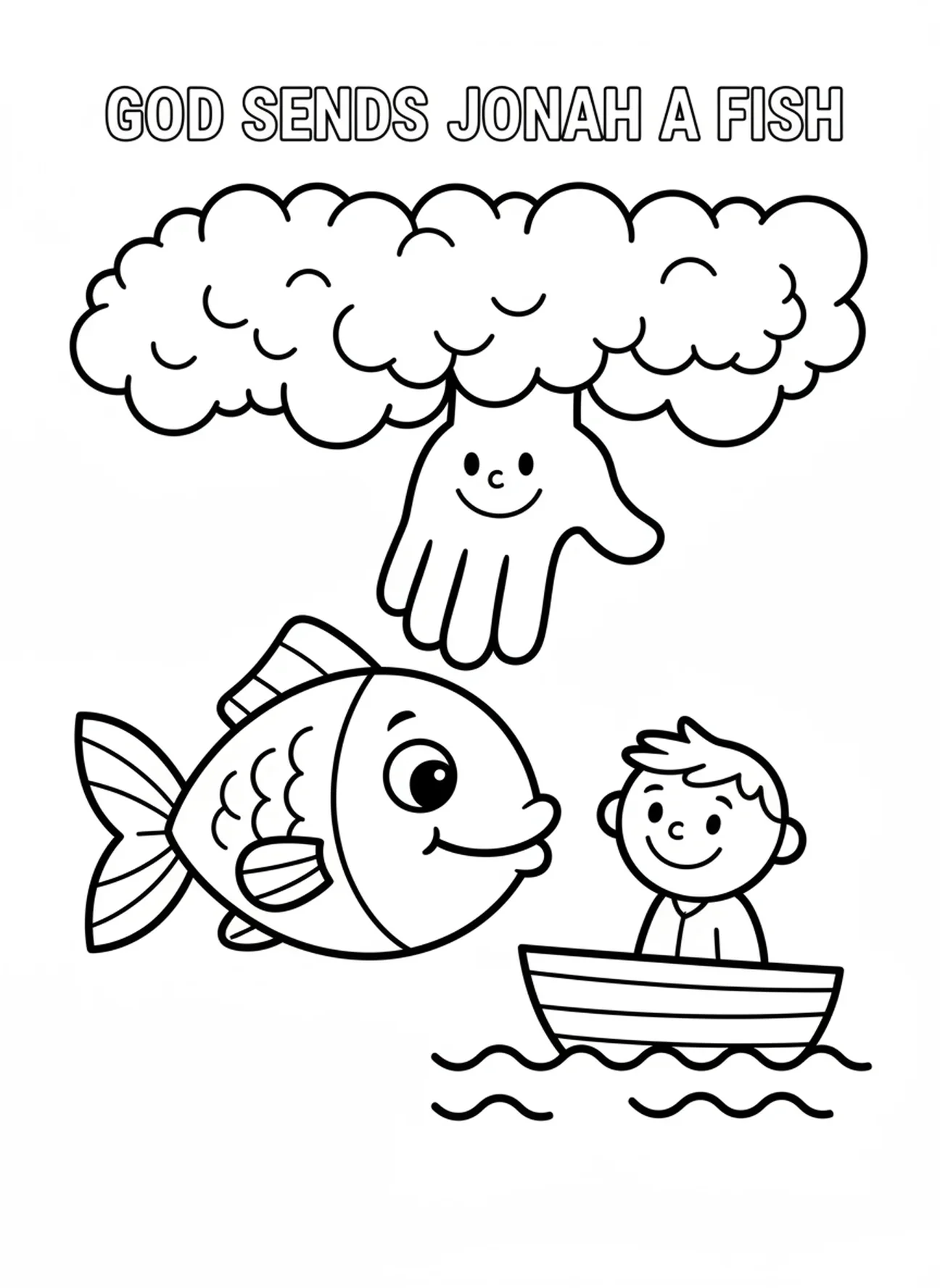 Gottes Hand sendet einen Fisch, Jona Fisch Malvorlage für Vorschulkinder im Alter von 3-5 Jahren