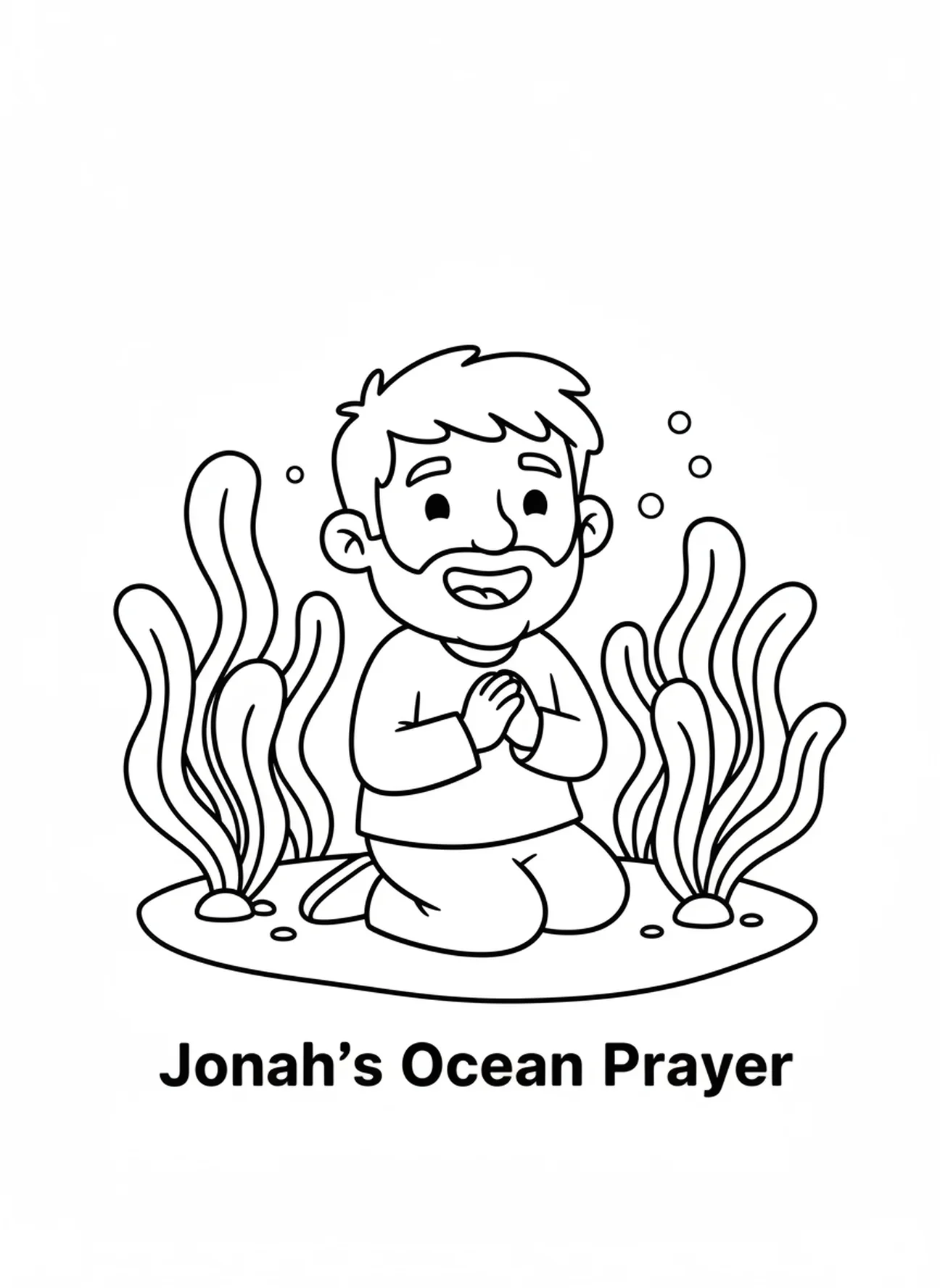 Jona kniet im Gebet, Ausmalbild von Jona und dem Fisch für Vorschulkinder im Alter von 3-5 Jahren