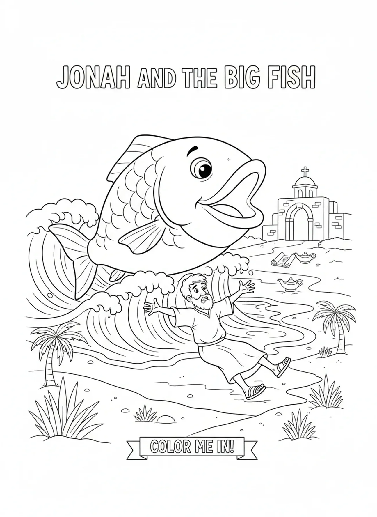 Der große Fisch spuckt Jona aus, Malvorlage für Jona für die Sonntagsschule für Kinder im Alter von 5-12 Jahren.