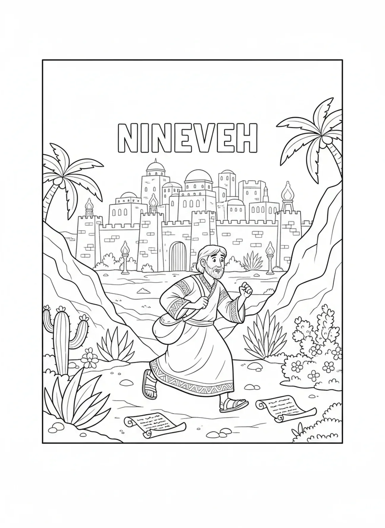 Jona flieht vor Ninive, Ausmalbild für Kinder im Religionsunterricht im Alter von 5-12 Jahren.