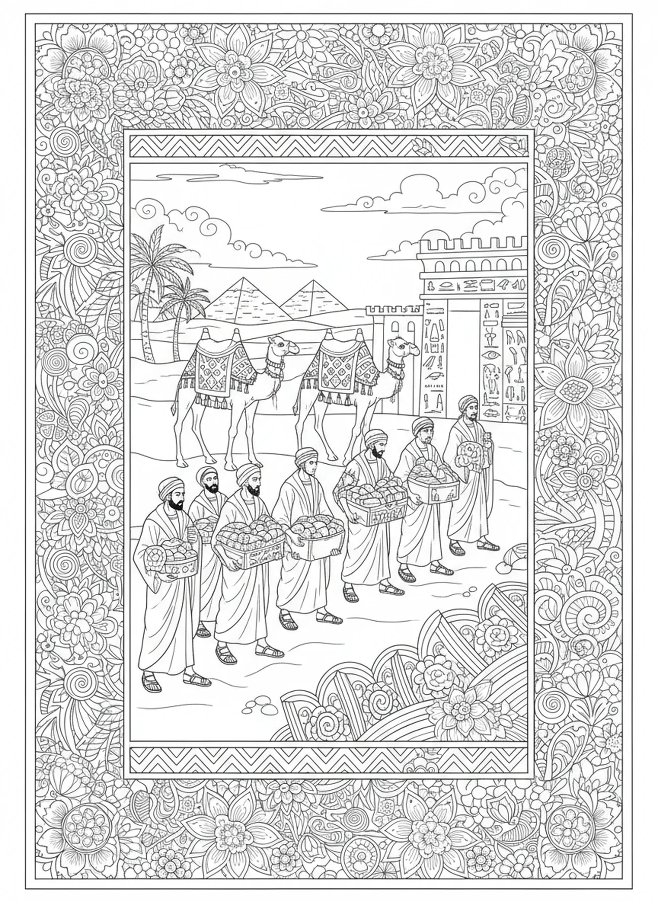 Frères retournant en Égypte, page à colorier Joseph et ses frères dans un style de journal biblique pour adultes.