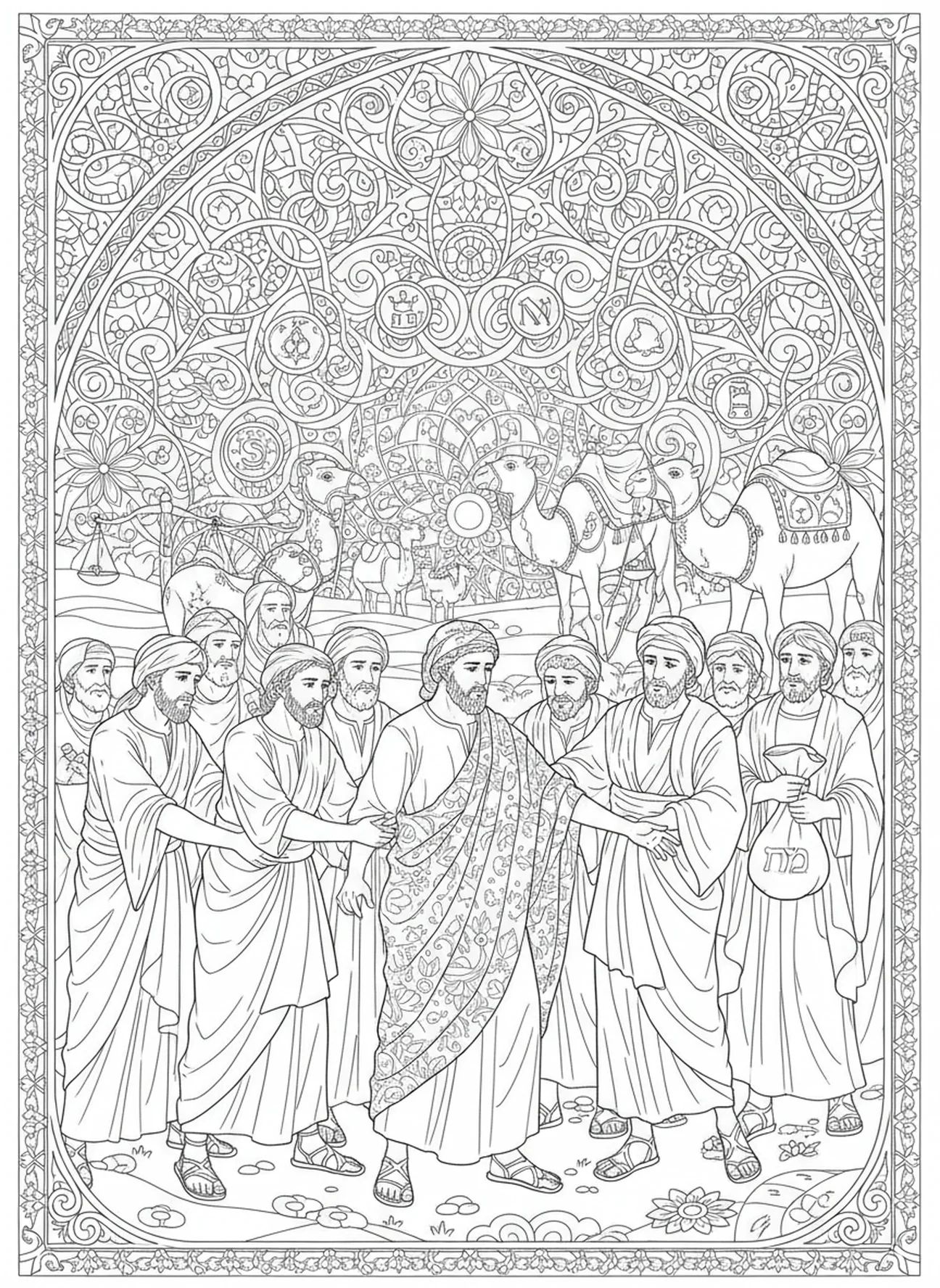 Frères vendant Joseph, page à colorier Joseph et ses frères pour le style de journal biblique pour adultes.