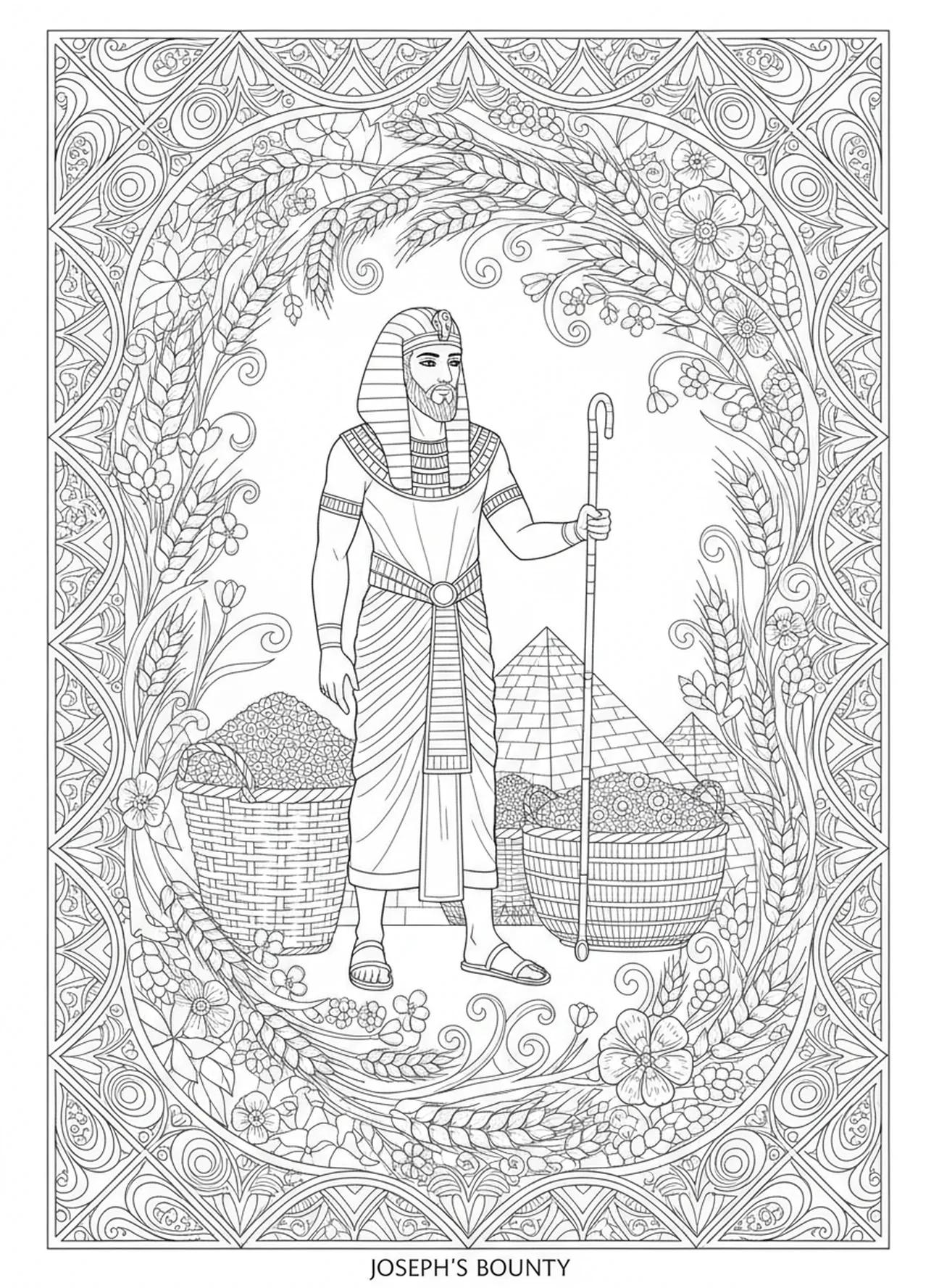 Joseph supervisant la récolte, page à colorier Joseph et ses frères dans un style de journal biblique pour adultes.