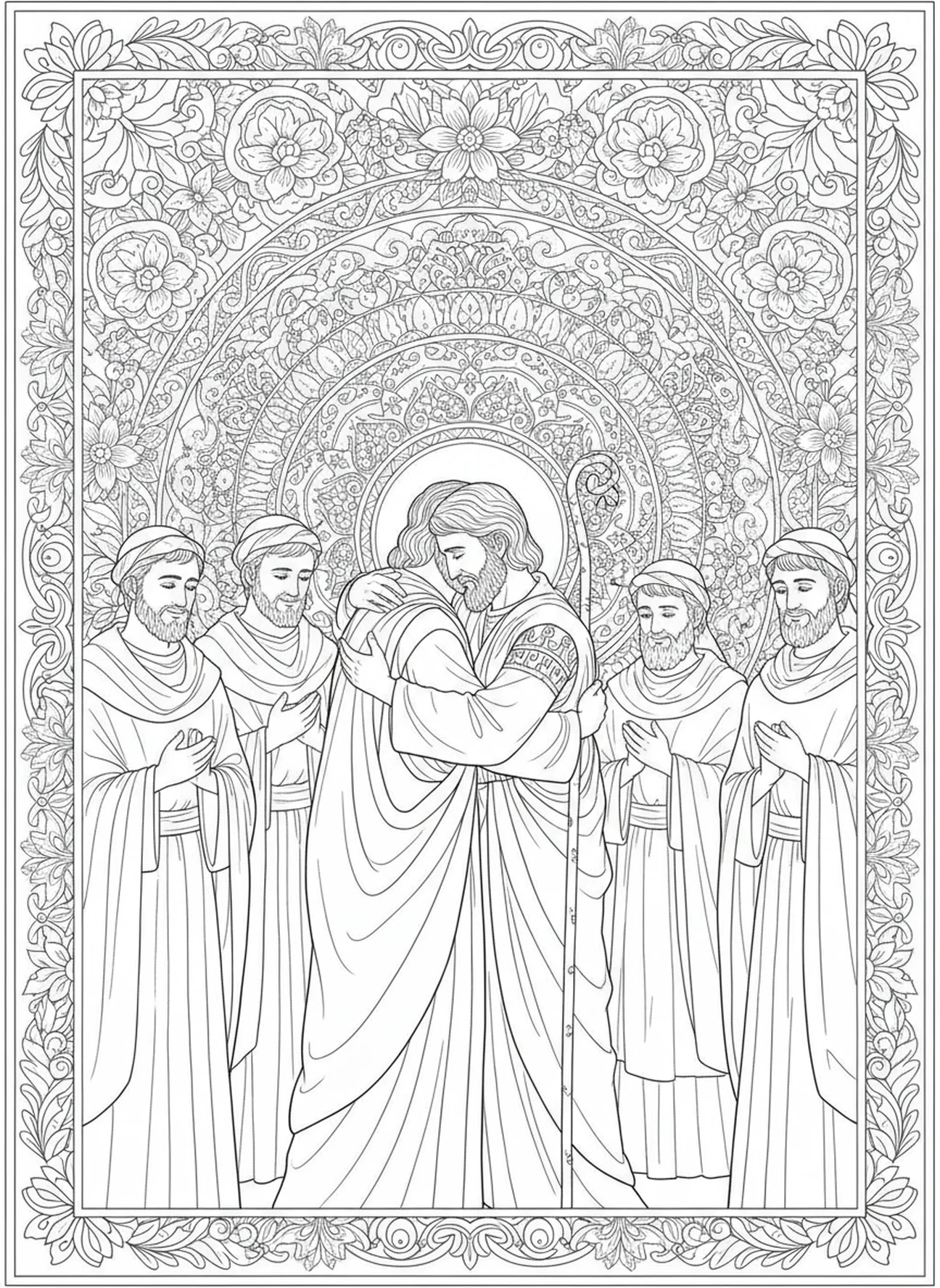 Joseph étreignant ses frères, page à colorier Joseph et ses frères pour le journaling biblique pour adultes.
