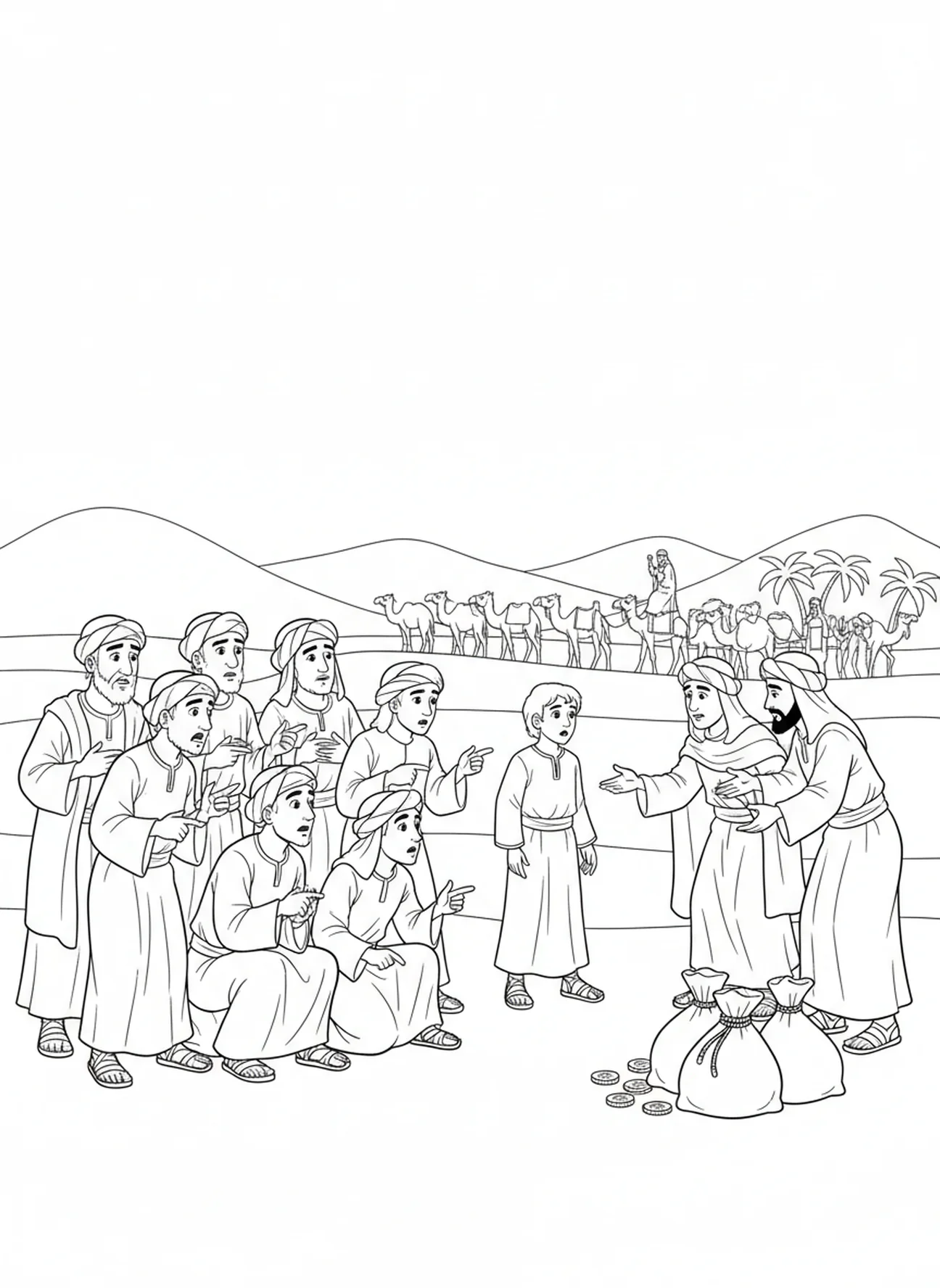 Irmãos discutindo com comerciantes, página para colorir José e os Irmãos para crianças de 5 a 10 anos.