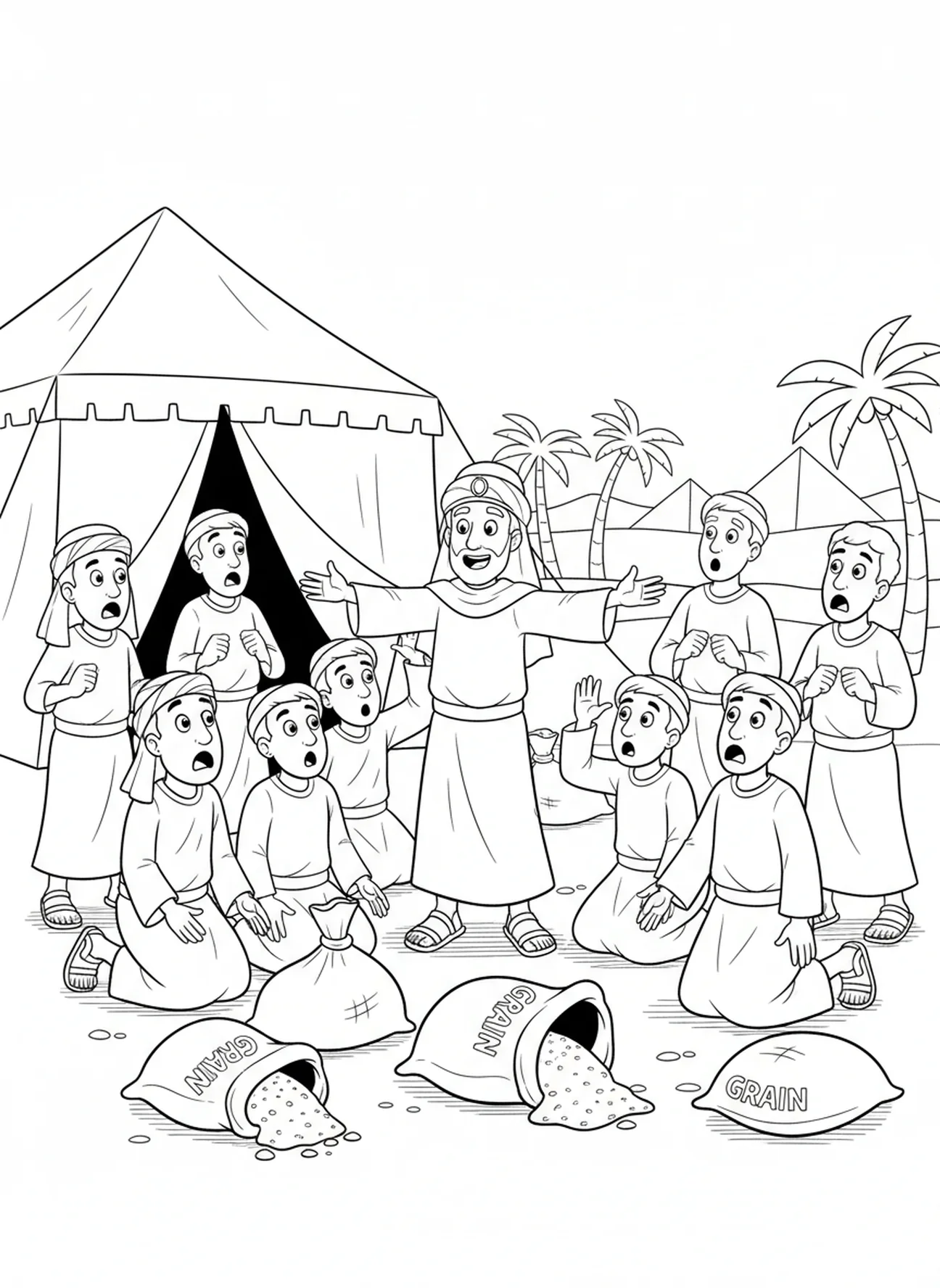 José se revelando a seus irmãos, página para colorir José e Irmãos para crianças de 5 a 10 anos.