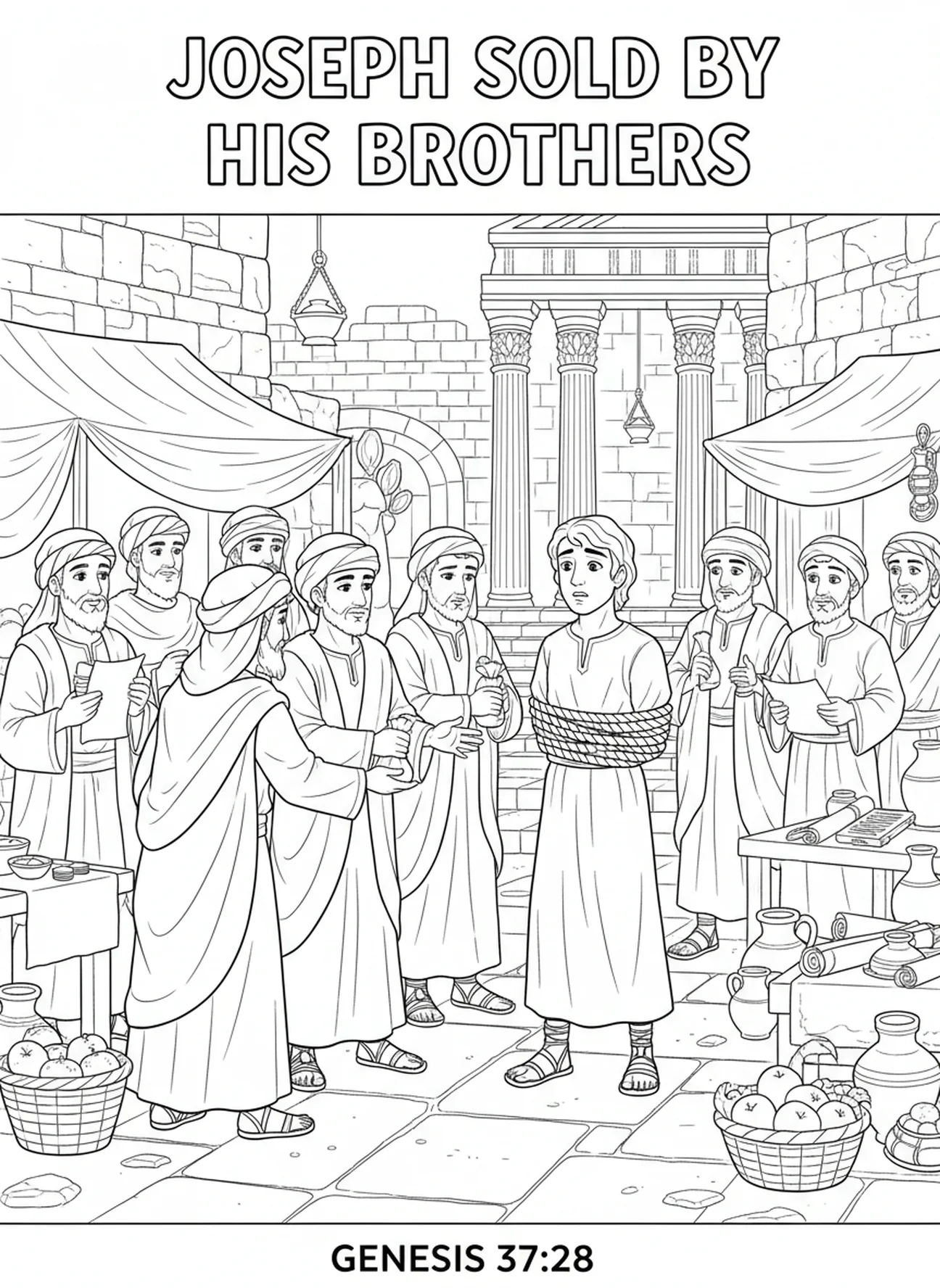 Joseph ligoté, page à colorier Joseph et ses frères pour les enfants de l'École du dimanche âgés de 5 à 12 ans.