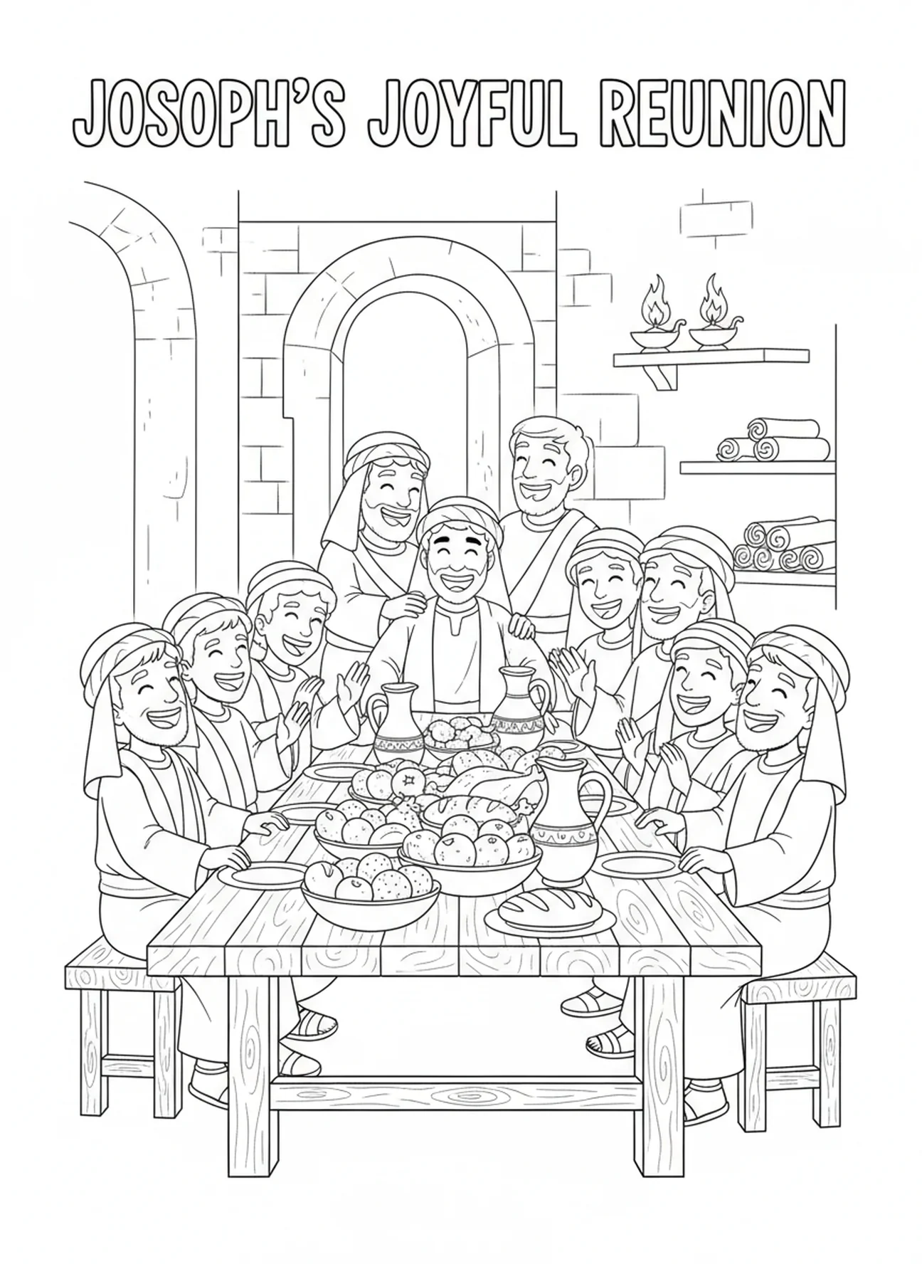 Scène de réunion familiale, page à colorier Joseph et ses frères pour les enfants de l'École du dimanche âgés de 5 à 12 ans.