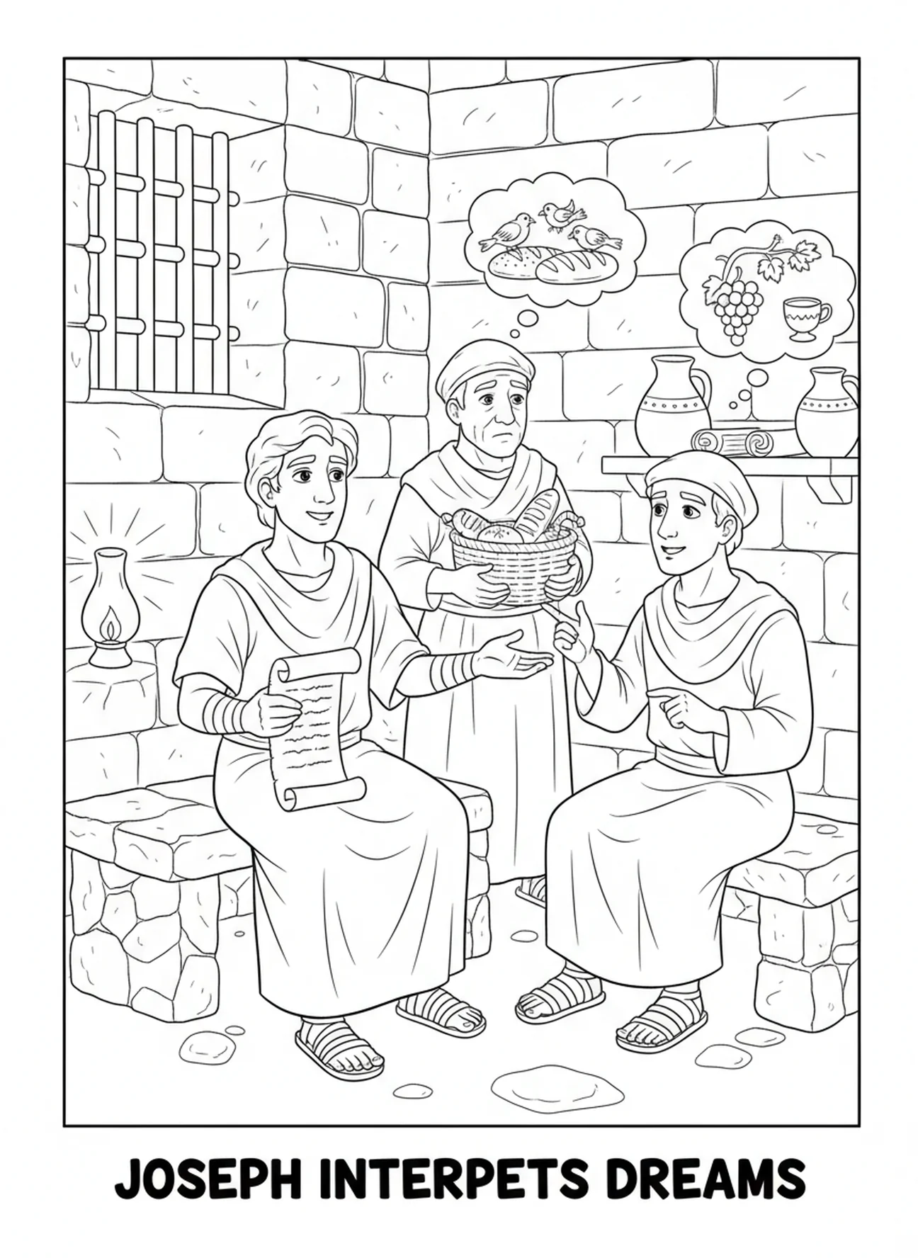 Joseph interprétant des rêves, page à colorier Joseph et ses frères pour les enfants de l'École du dimanche âgés de 5 à 12 ans.